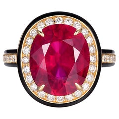 Bague en or jaune 18 carats avec diamants et émail et rubis rempli de verre de 6,58 carats