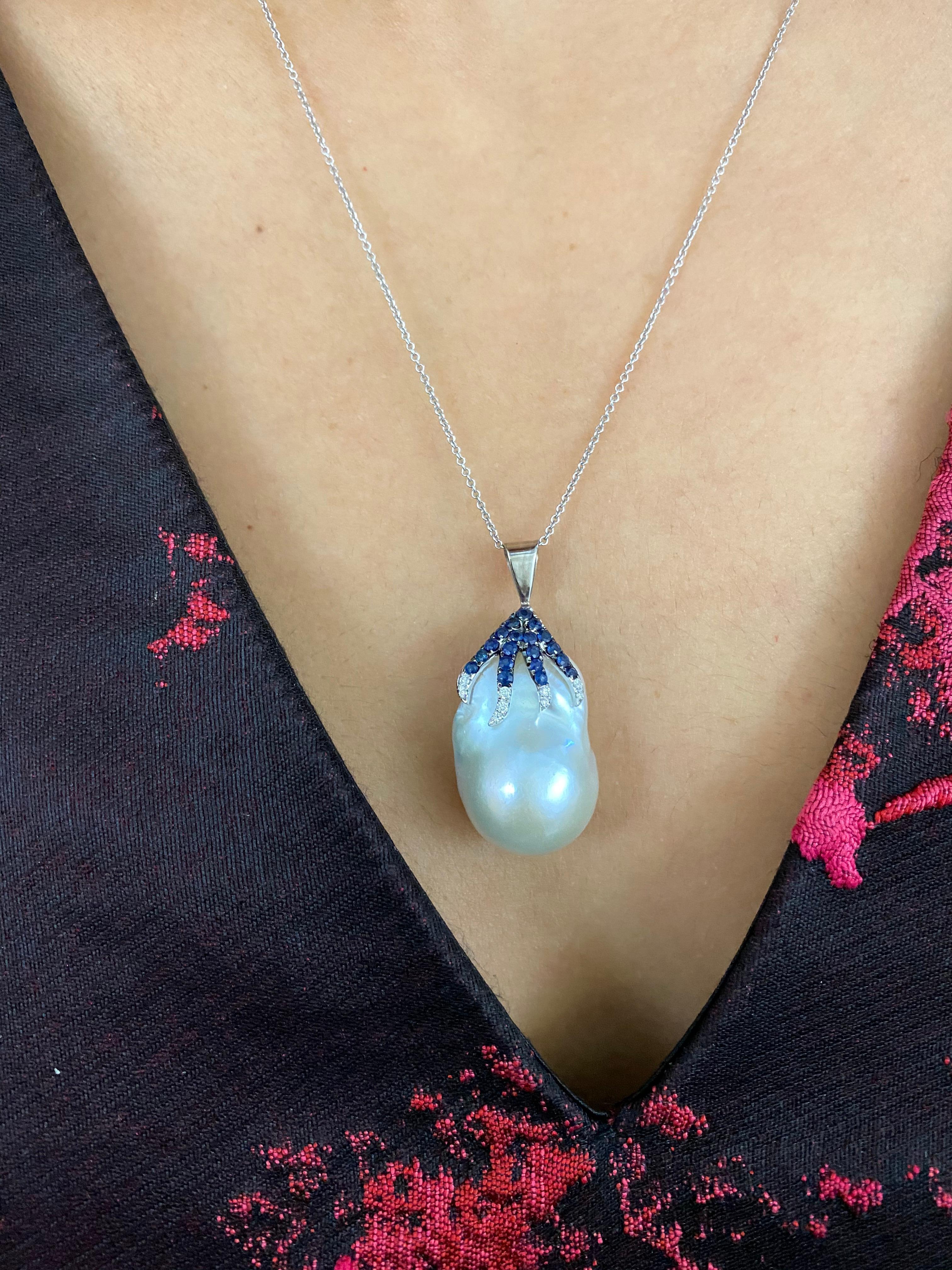 Women's 6.58 Carat Pearl, Blue Sapphire, and White Diamond Pendant Necklace 18K Gold For Sale