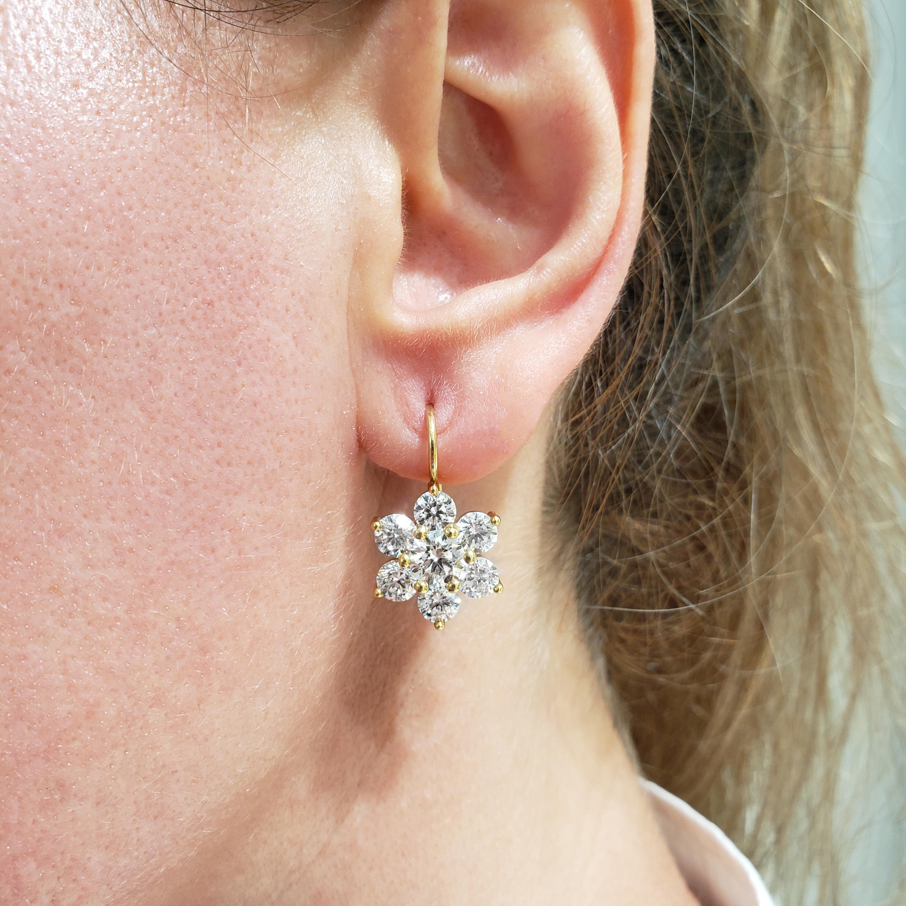Round Cut Roman Malakov, 6.58 Carat Round Diamond Gold Flower Dangle Earrings
