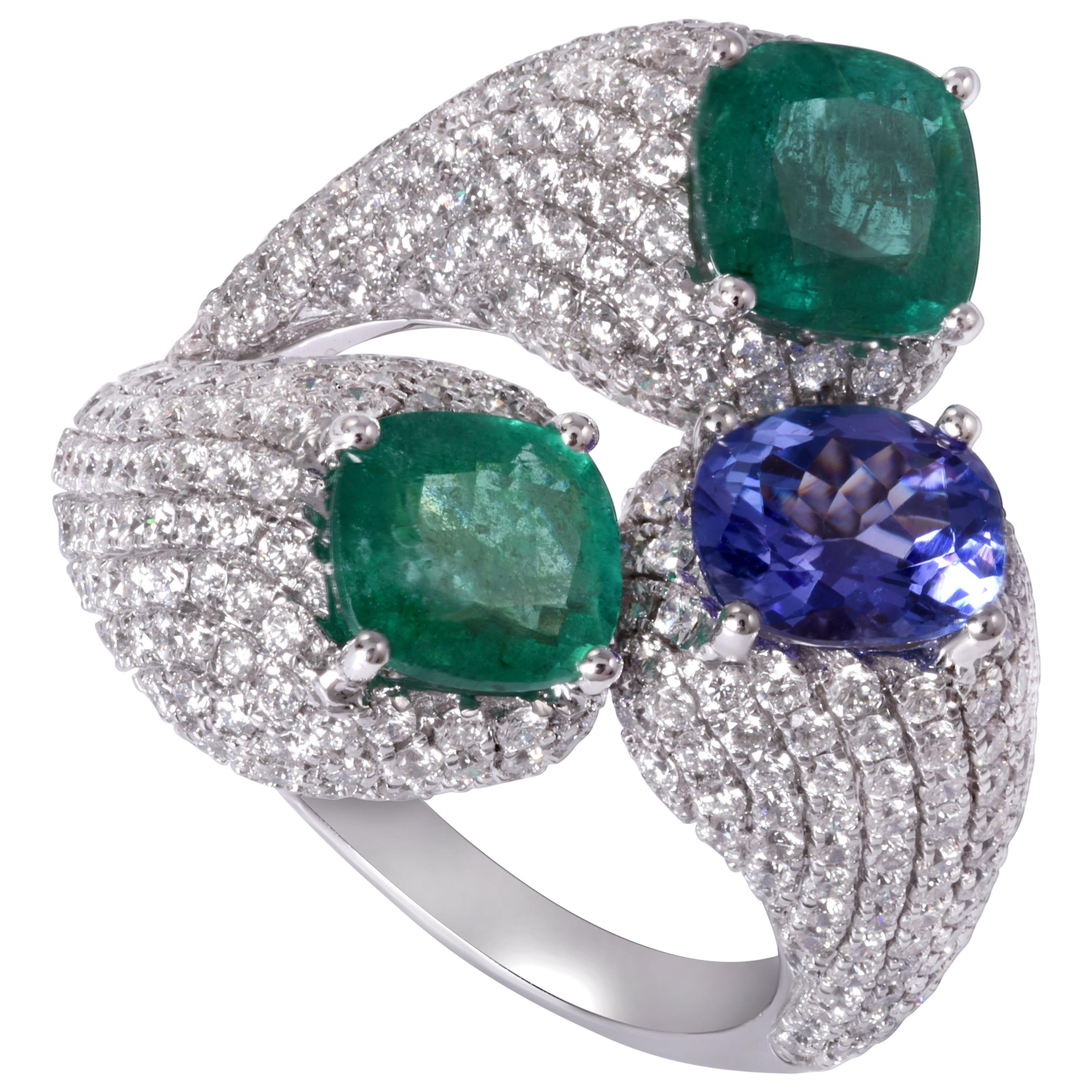 18K White Gold 6.58cts Three-Stone Pave Diamond Emerald Tanzanite Cocktail Ring