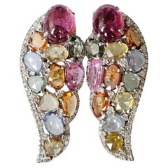 6.58 carats Tourmaline Cabochons, Multi Sapphires & Diamonds Chandelier Earrings
