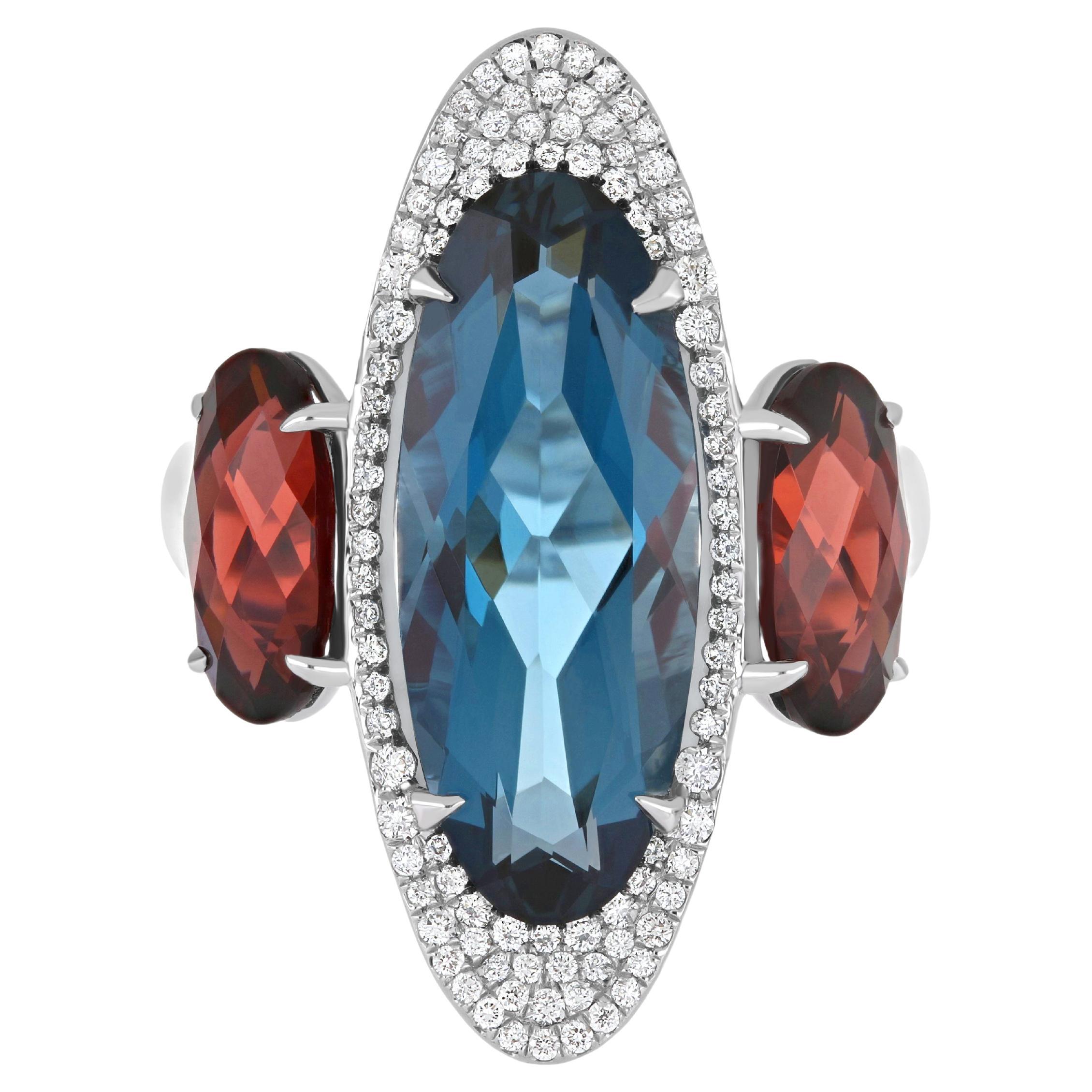 6.58Cts London Blue Topaz, Garnet and Diamond 14Karat White Gold Party Wear Ring For Sale