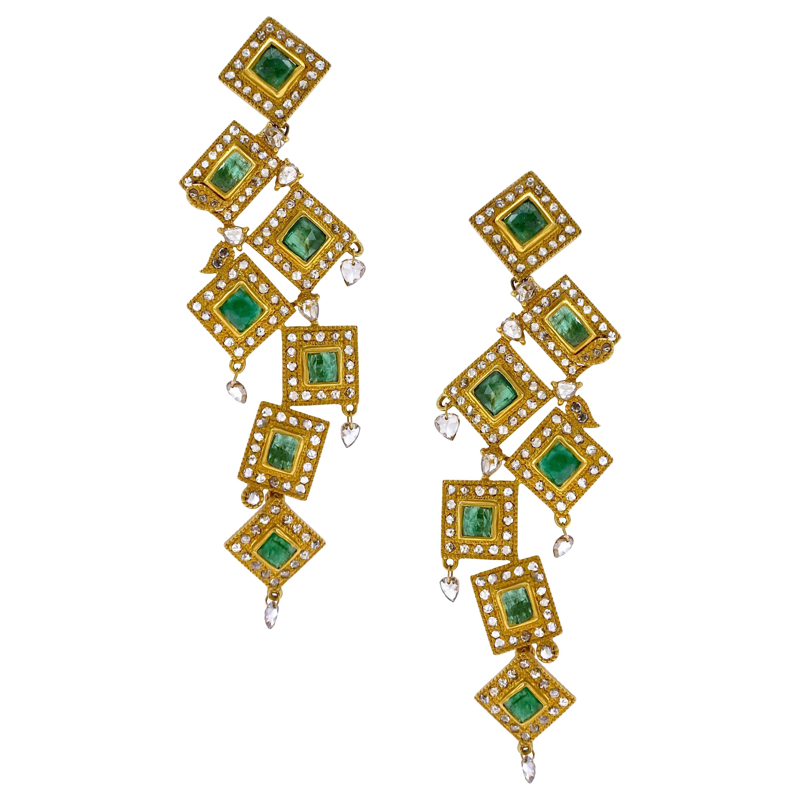 6.59 Carat Emerald Drop Dangle Statement Art Deco Style Mosaic Coomi Earrings