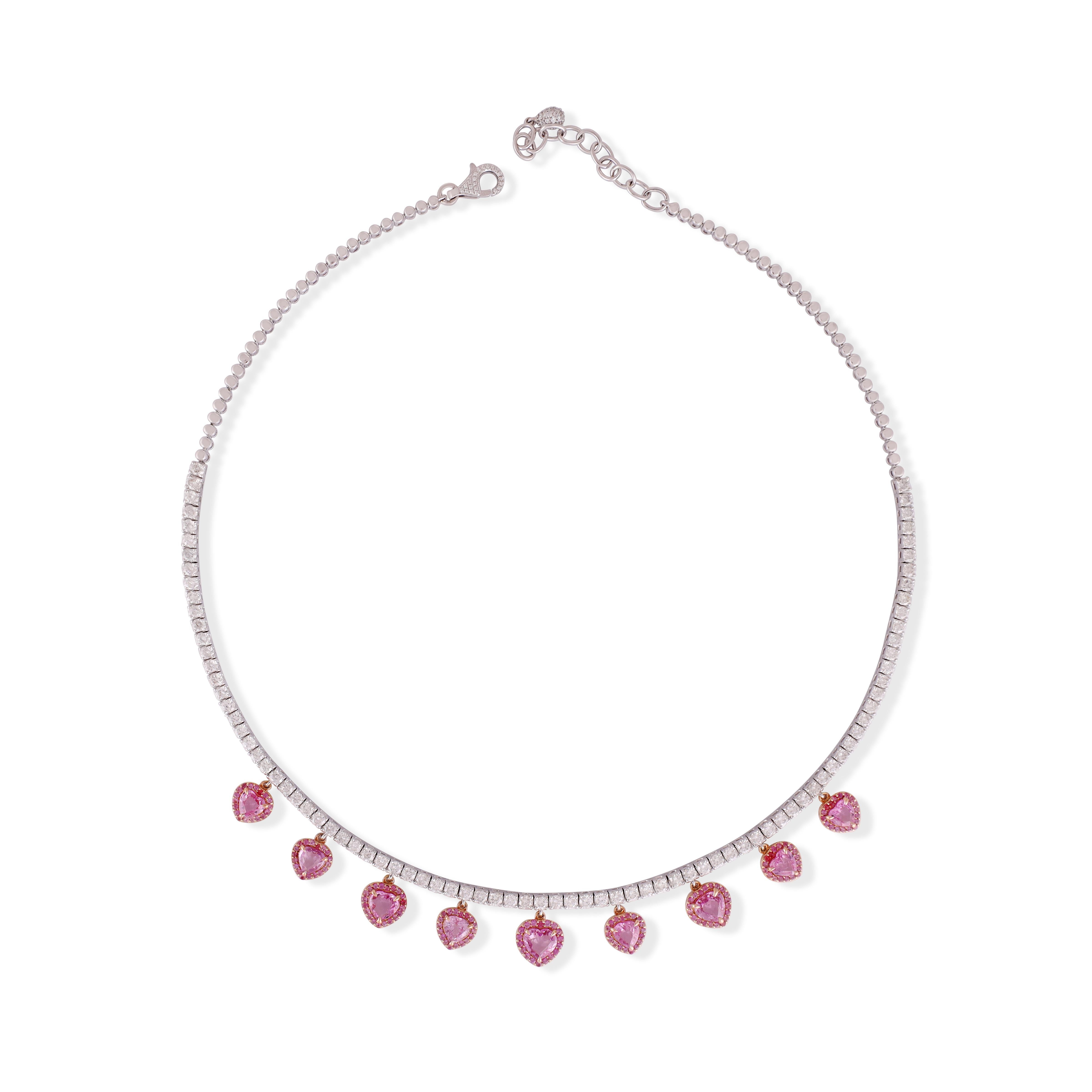 6.59 Carat Pink Sapphire & Diamond Chain Necklace in 18k White Gold 
This stunning piece of jewelry instantly elevates a casual look or dressy outfit. Comfortable and easy to wear, it is just as exquisite worn alone or layered with other charms for
