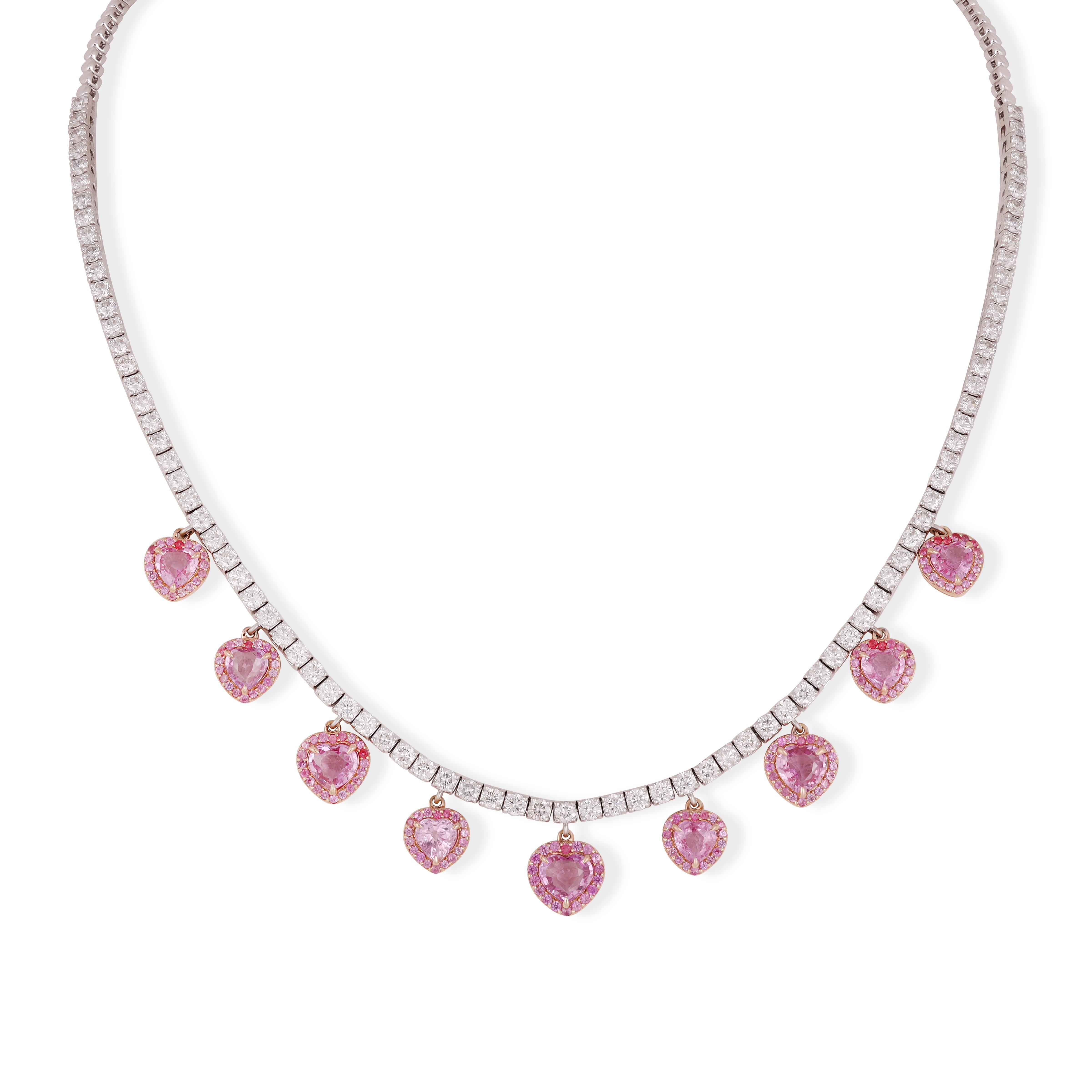 Modernist 6.59 Carat Pink Sapphire & Diamond Chain Necklace in 18k White Gold For Sale