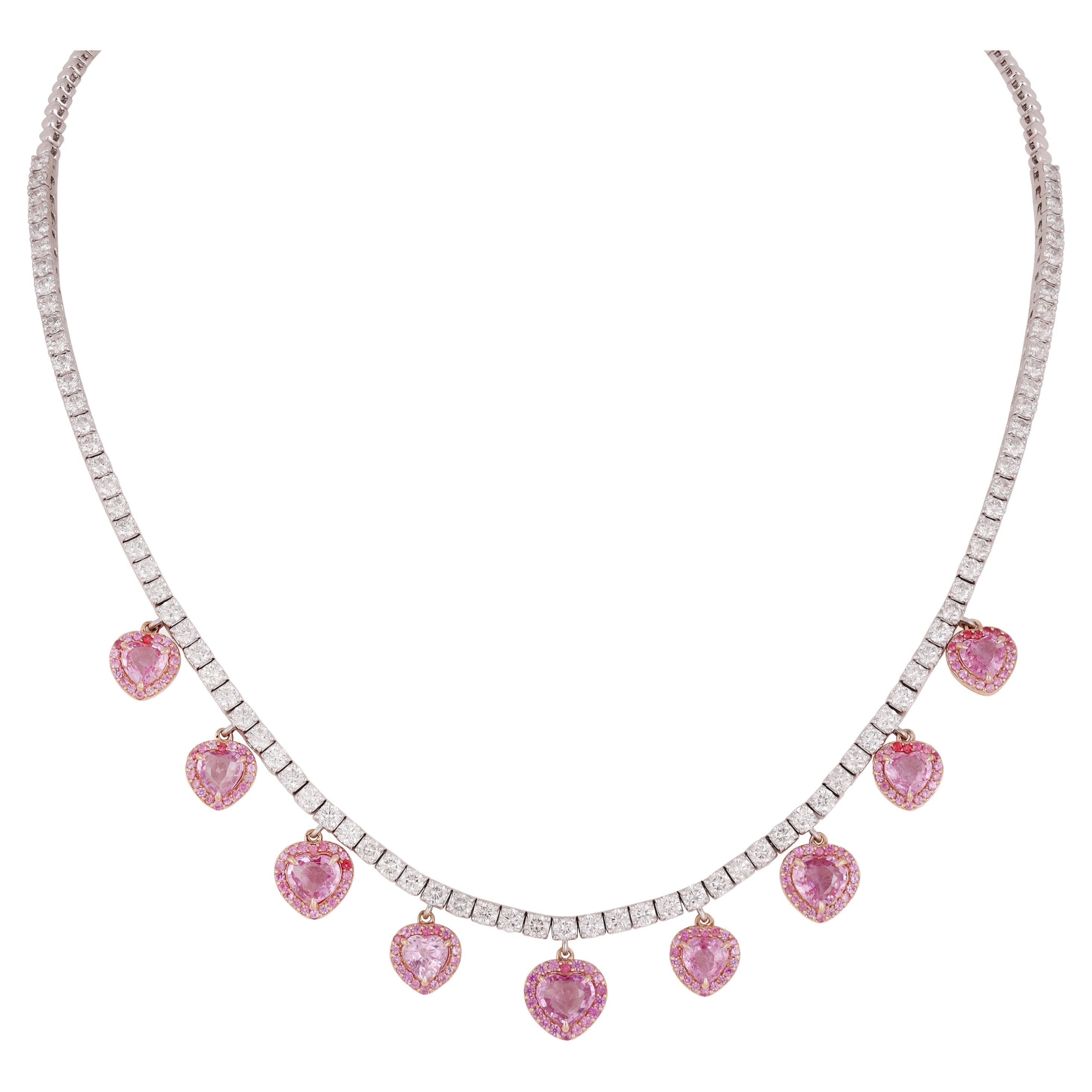 6.59 Carat Pink Sapphire & Diamond Chain Necklace in 18k White Gold For Sale