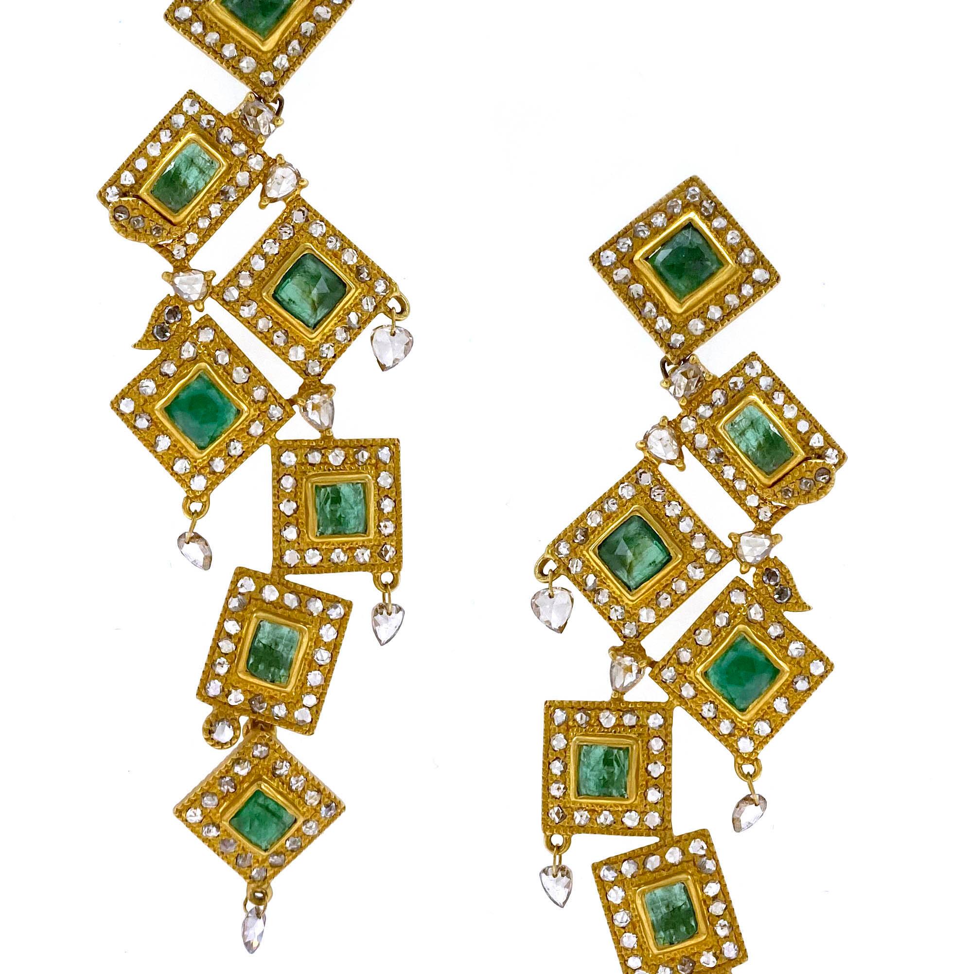 The bold colors and designs by Coomi set these beautiful rare Drop Dangle Earrings in Emerald weighing approximately 6.59cts with Diamonds 6.30cts in a rich 20 Karat Yellow Gold, brought to you from Coomi's Luminosity collection, which consists of