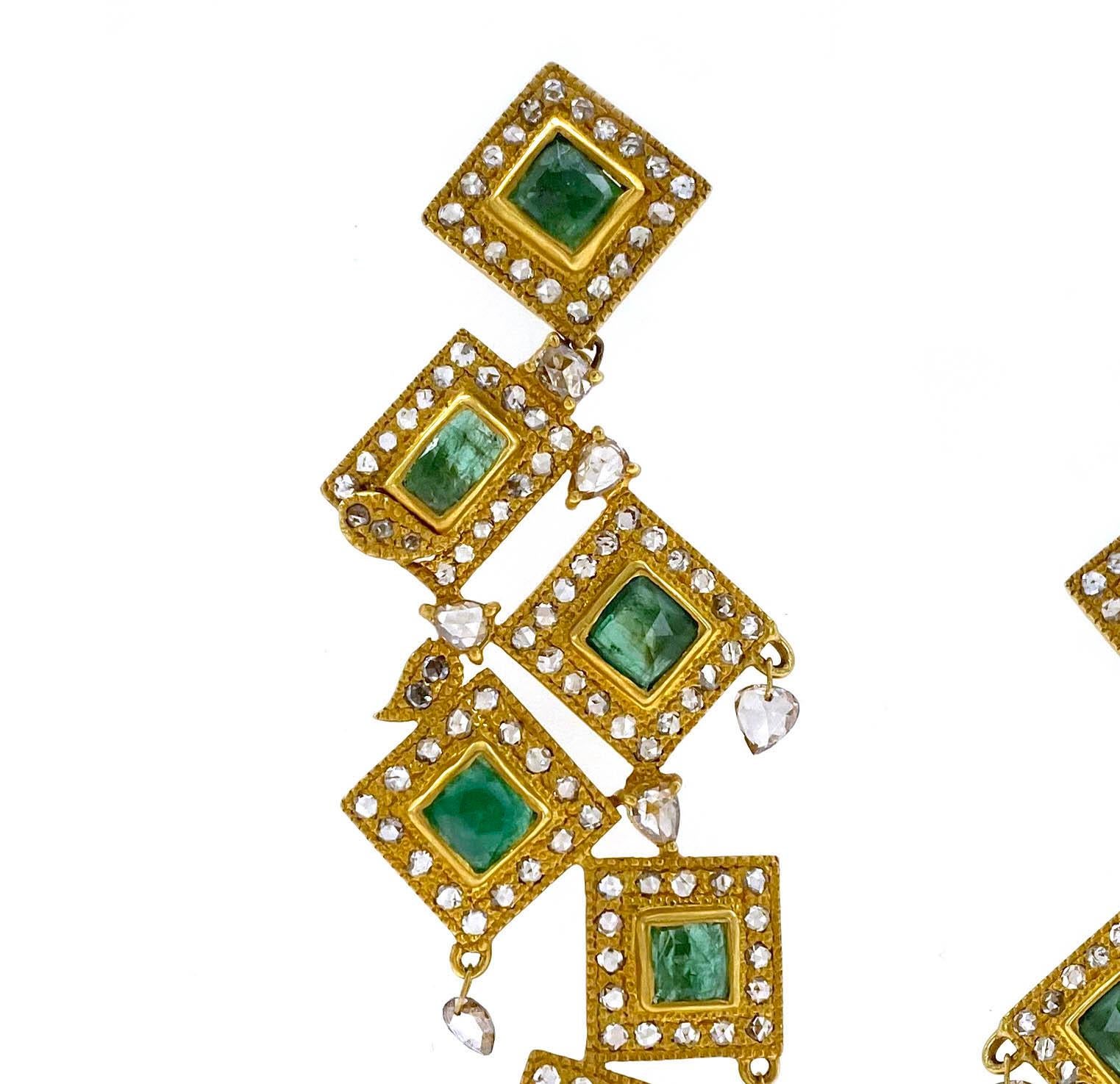 Square Cut 6.59 Carat Emerald Drop Dangle Statement Art Deco Style Mosaic Coomi Earrings