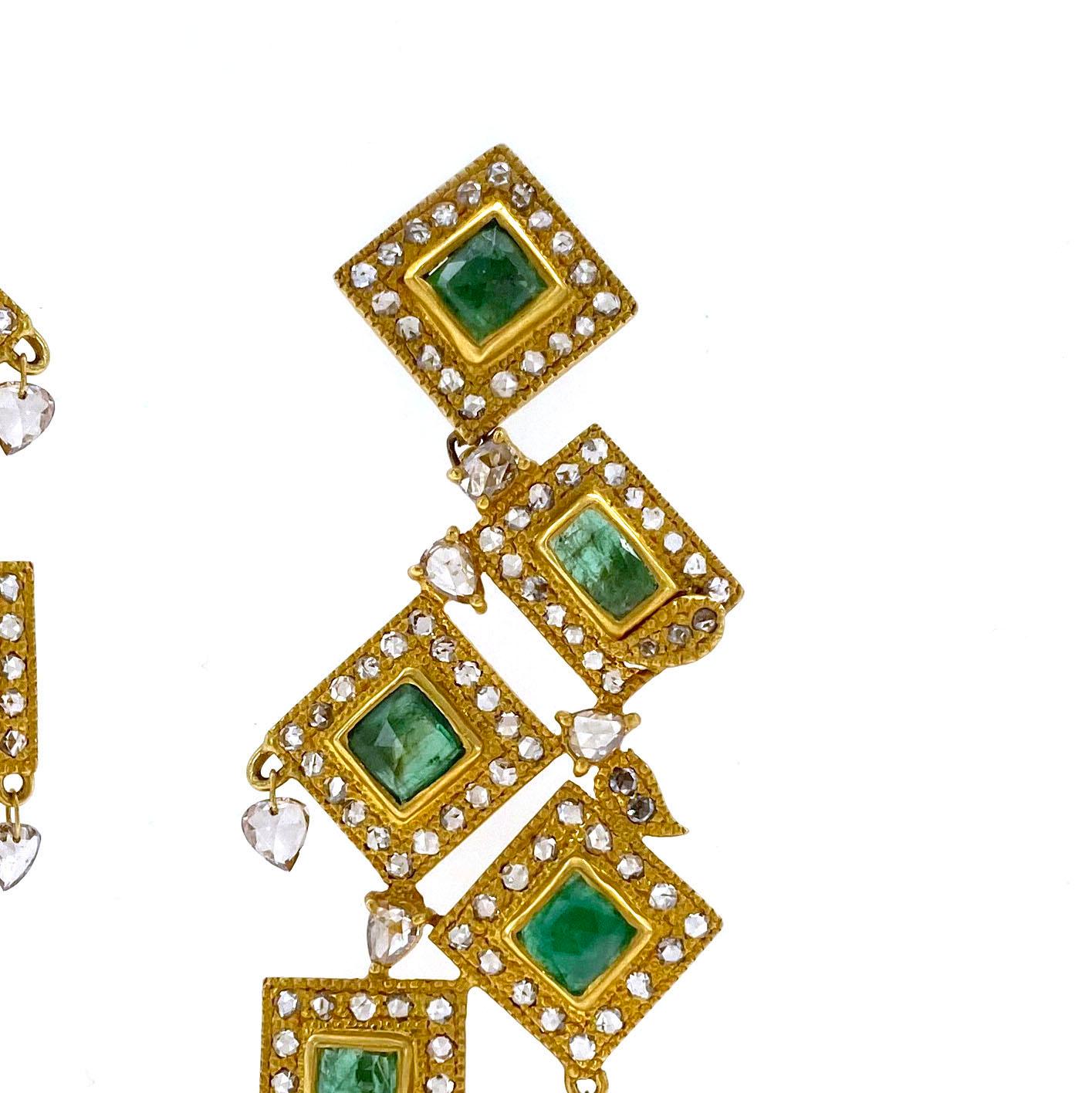 6.59 Carat Emerald Drop Dangle Statement Art Deco Style Mosaic Coomi Earrings In New Condition In Secaucus, NJ