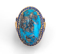 65.95 Carat Oval Turquoise and Sapphire 18 Karat Gold Ring