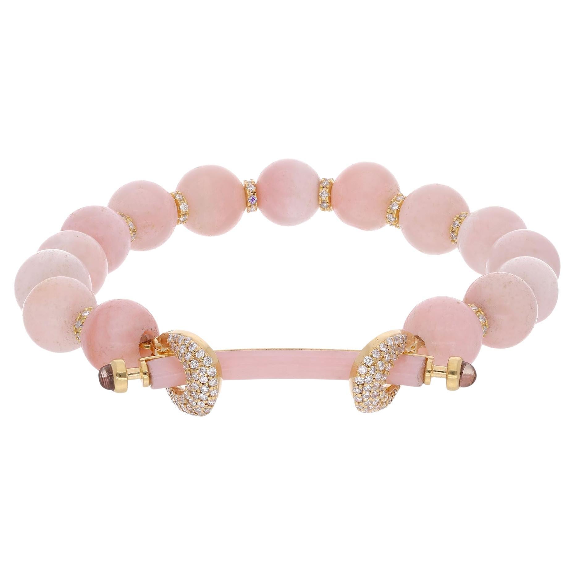 65.96Tcw Cabochon Opal Smokey Diamond 18K Yellow Fine Gold Beaded Bracelet For Sale