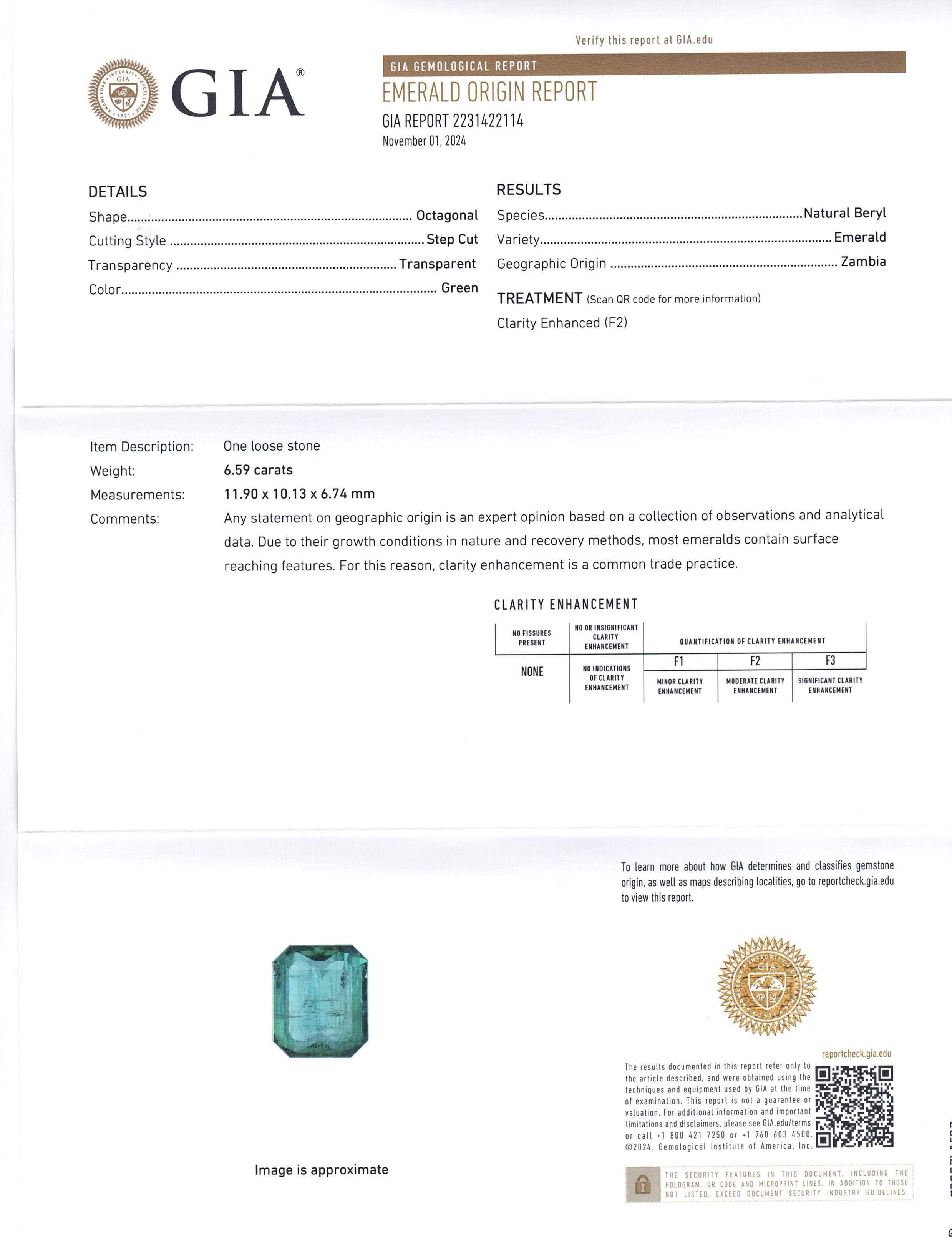 6,59 Karat Achteckiger/Emaragdschliff Grüner Smaragd GIA zertifiziert Zambia (F2) für Damen oder Herren im Angebot