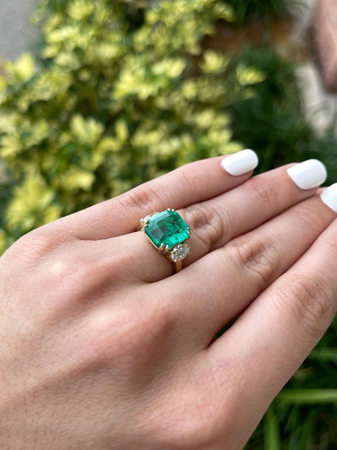6.59tcw 18K Fine Quality Asscher Colombian Emerald & Marquise Diamond 3 Stone  In New Condition For Sale In Jupiter, FL