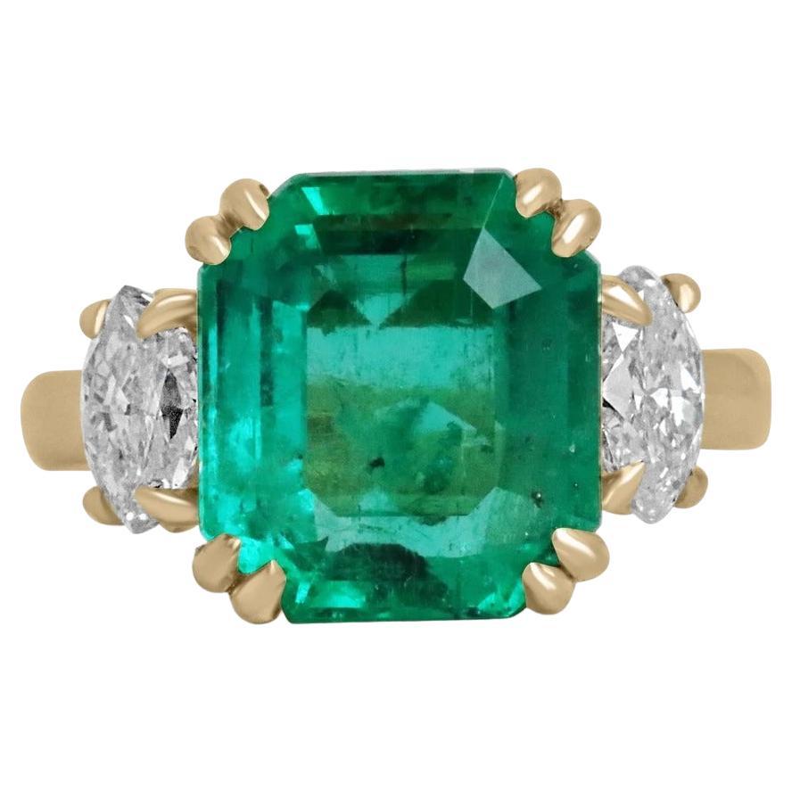 6.59tcw 18K Fine Quality Asscher Colombian Emerald & Marquise Diamond 3 Stone  For Sale