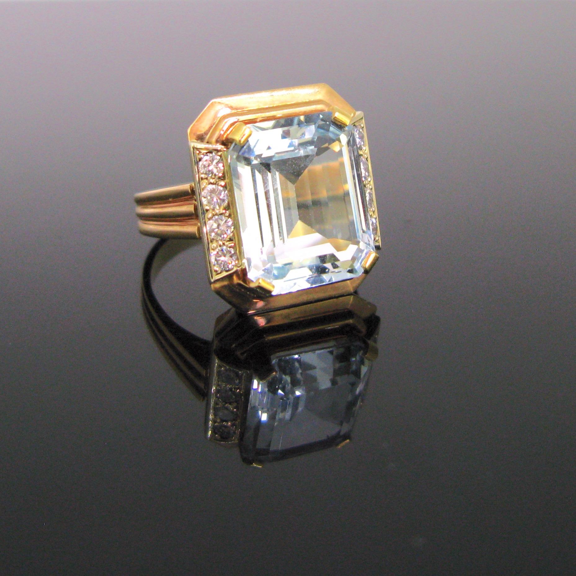 6.5 Carat Aquamarine Diamonds Yellow Gold Cocktail Fashion Retro Ring 3