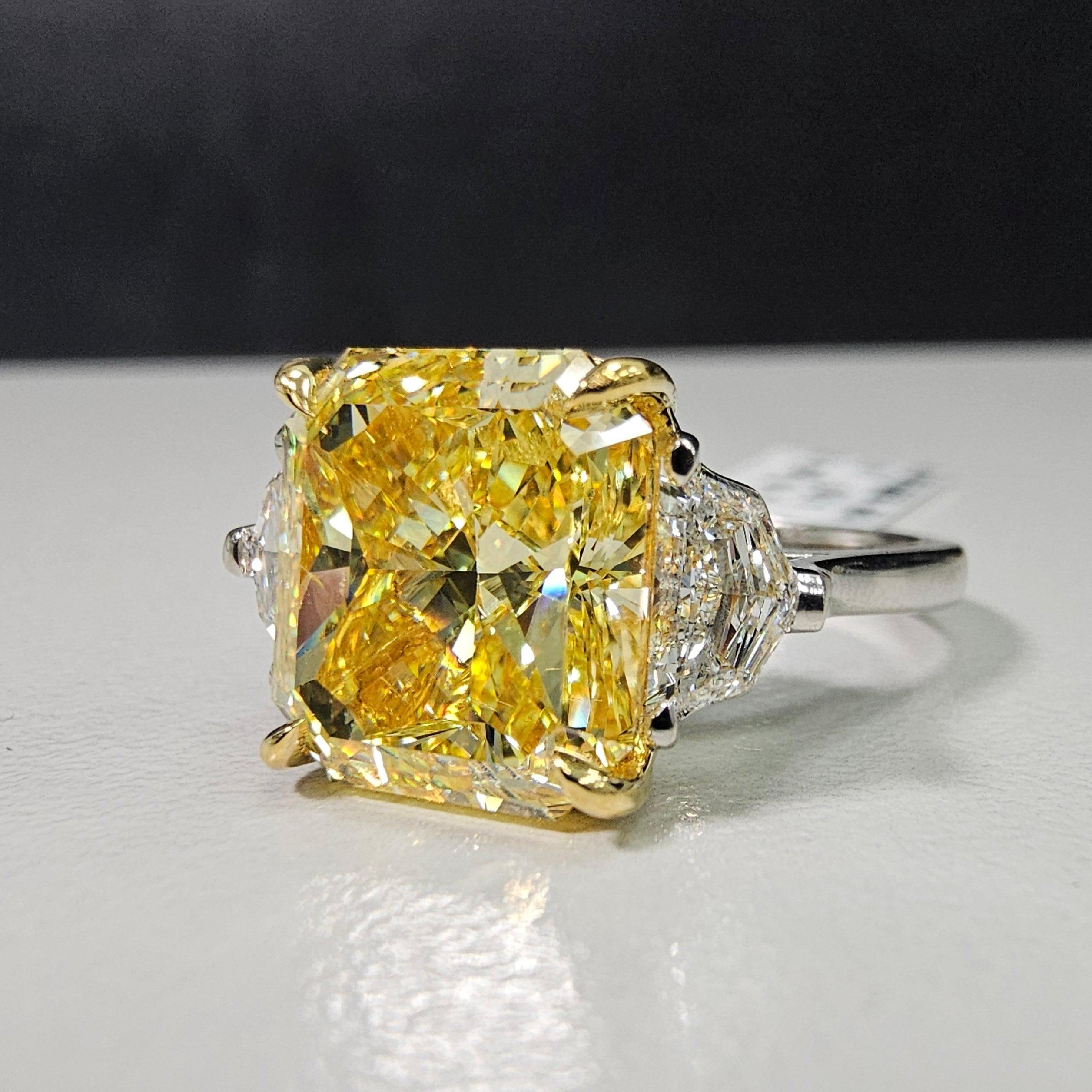 Radiant Cut 6.5ct GIA Fancy Intense Yellow Diamond Three Stone Engagement Ring