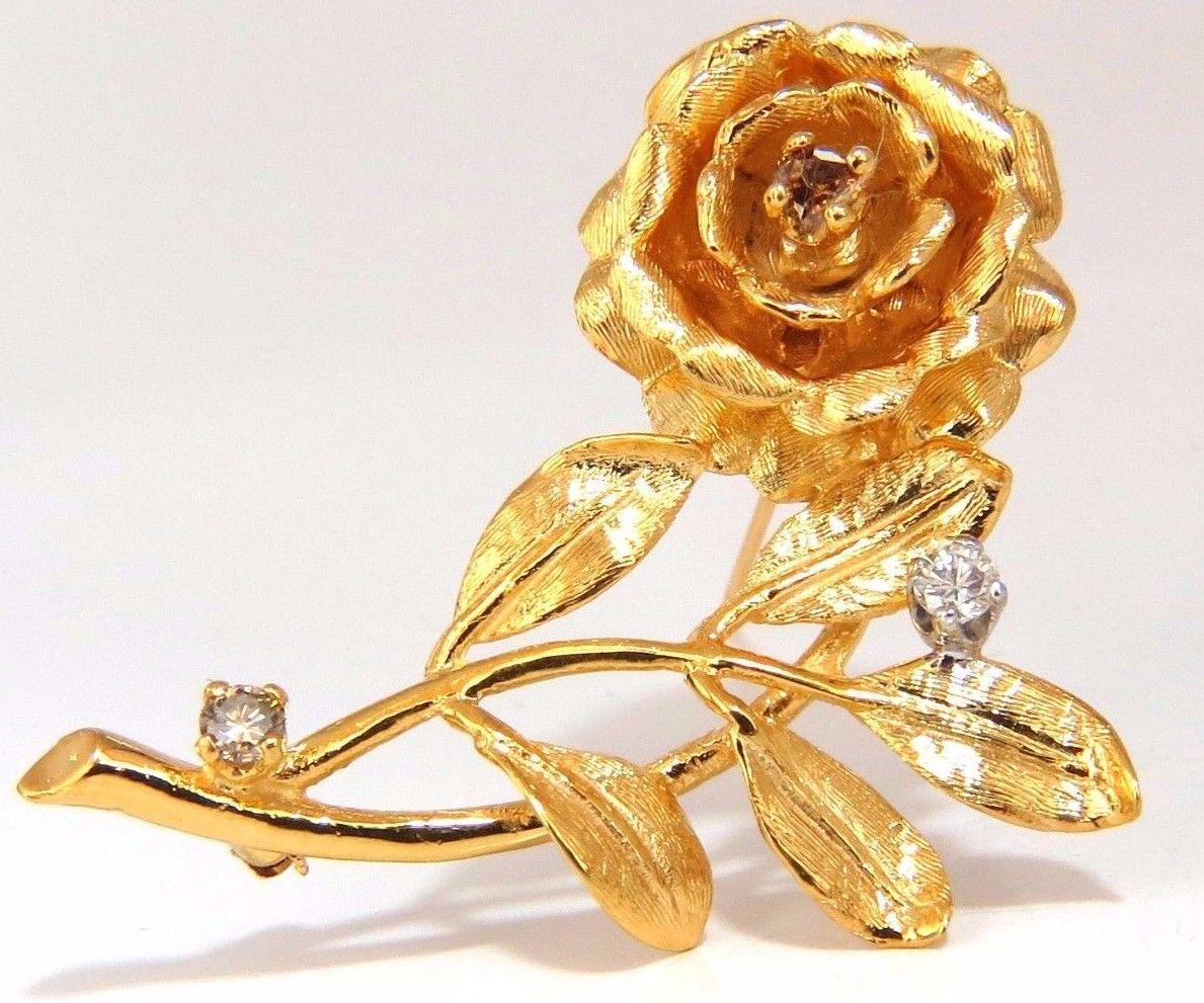 Raised 3D Classic Rose Flower pin

.65ct. diamonds

Natural Fancy Yellow Brown & White

Rounds, Full cut Brilliant.

G-color Vs-2 clarity.

14kt yellow gold 

11.5 grams.

Overall: 1.8 X 1.2 inch

Excellent made 