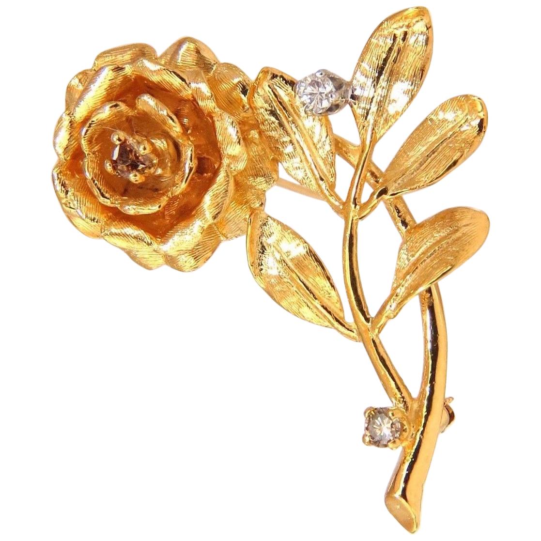 .65CT Natural Fancy Color Yellow Brown Diamonds Raised 3D Rose Pin 14KT Branch