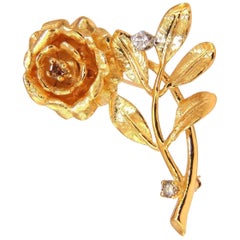 .65CT Natural Fancy Color Yellow Brown Diamonds Raised 3D Rose Pin 14KT Branch