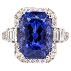 6.5ct Tanzanite AAAA color w Diamonds in 14k Solid White Gold Cushion 12x8mm