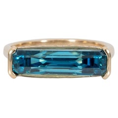 6.5cts Blue Zircon Solitaire Ring: Solid 14K Gold, Emerald cut 16.4x4.5mm
