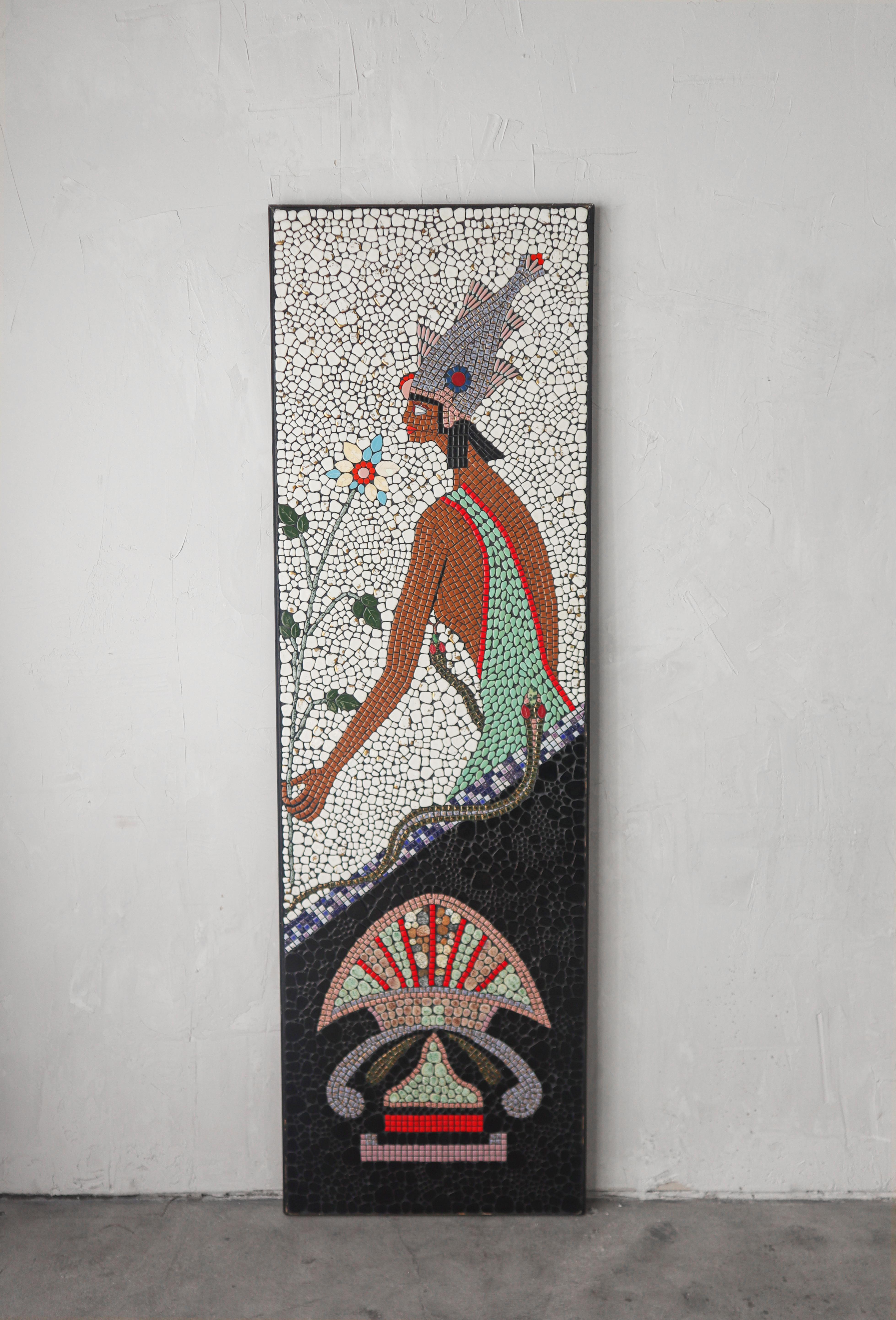Unique mid-century mosaic depicting and Egyptian Goddess, possibly Hatmehyt, the Egyptian Goddess of Fish. 

The mosaic stands 6.5ft tall and is constructed out of rounded pebble like stones in the most gorgeous colors, strategically placed. I