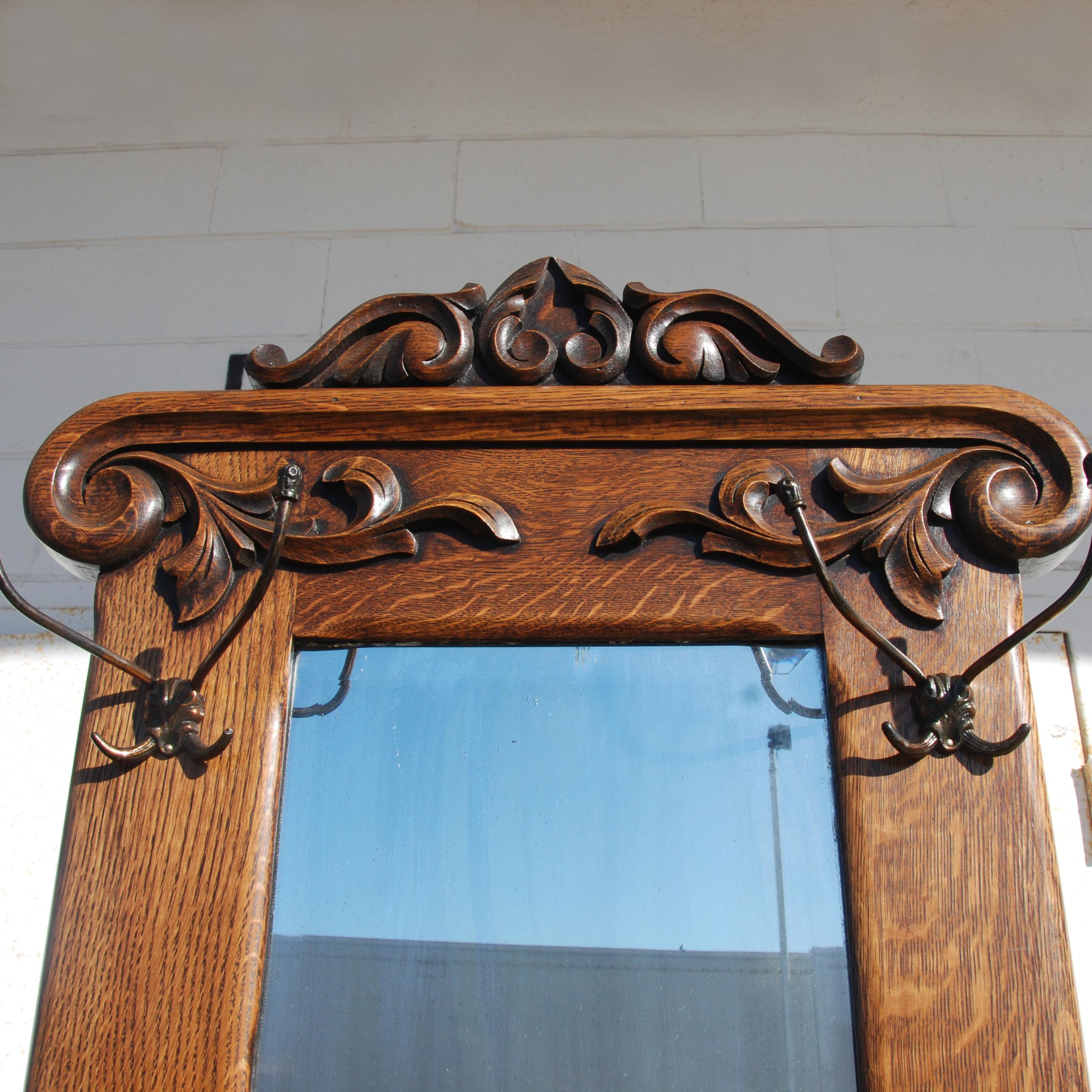20th Century Victorian Era Tiger Oak Hall Tree with Storage Bench
