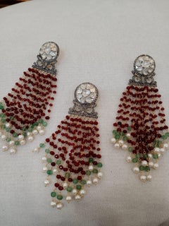 65mm natural Uncut rose cut diamond ruby emerald pearl tassel earrings n pendant