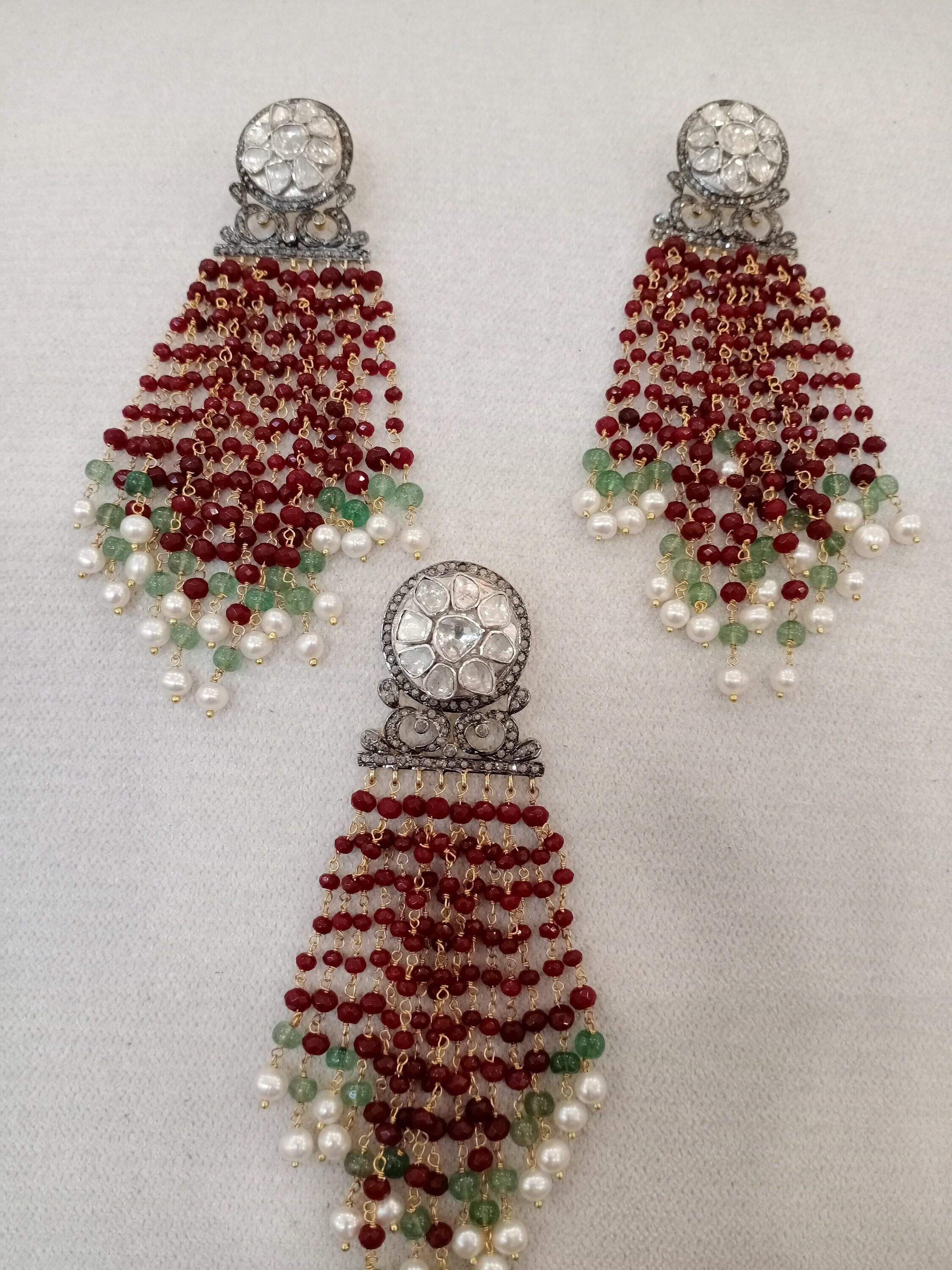 Anglo-Indian 65mm natural Uncut rose cut diamond ruby emerald pearl tassel earrings n pendant For Sale