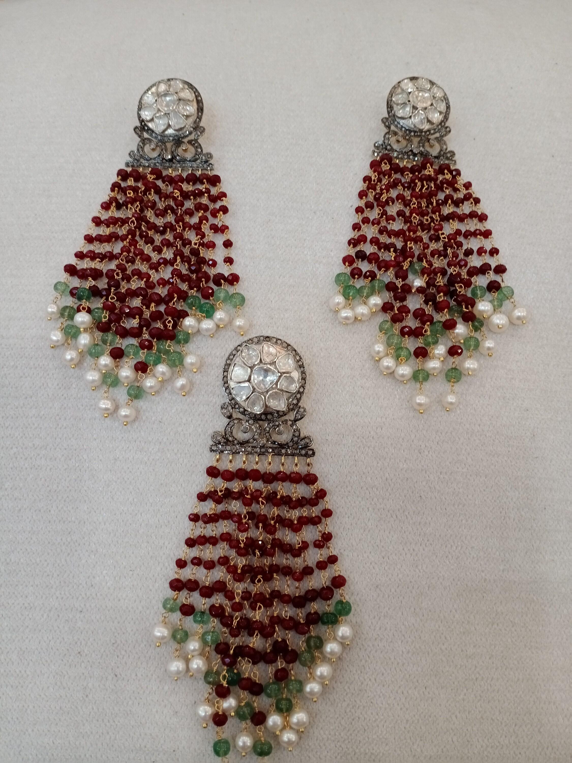 65mm natural Uncut rose cut diamond ruby emerald pearl tassel earrings n pendant In New Condition For Sale In Delhi, DL