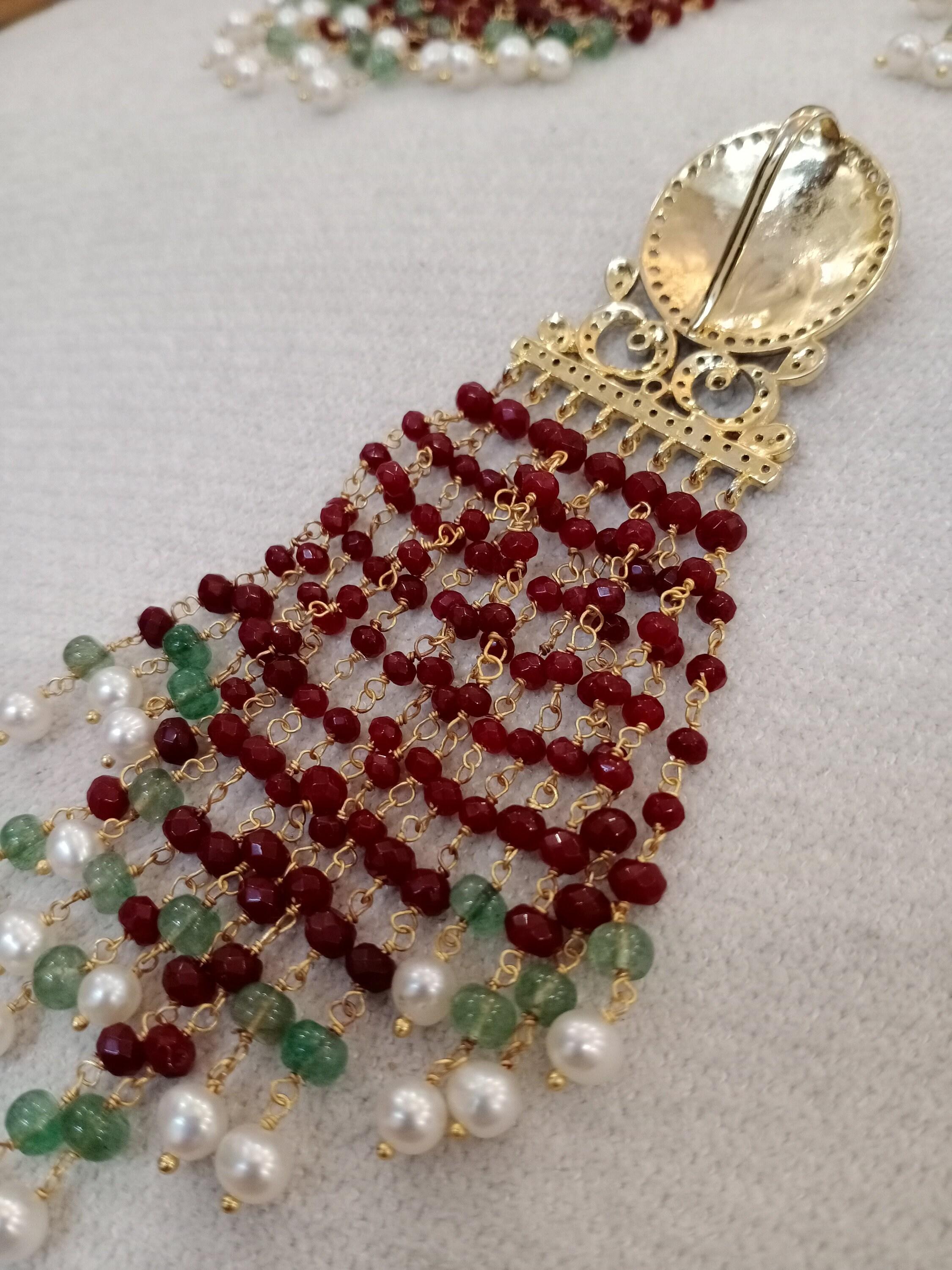 Women's 65mm natural Uncut rose cut diamond ruby emerald pearl tassel earrings n pendant For Sale