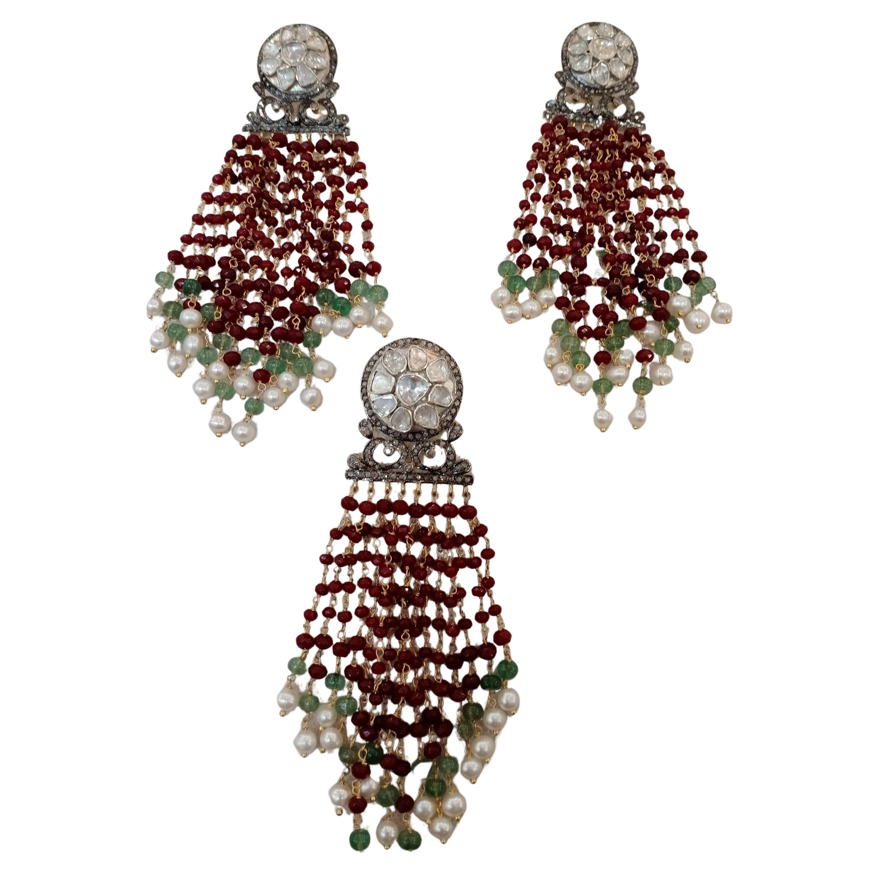 65mm natural Uncut rose cut diamond ruby emerald pearl tassel earrings n pendant For Sale