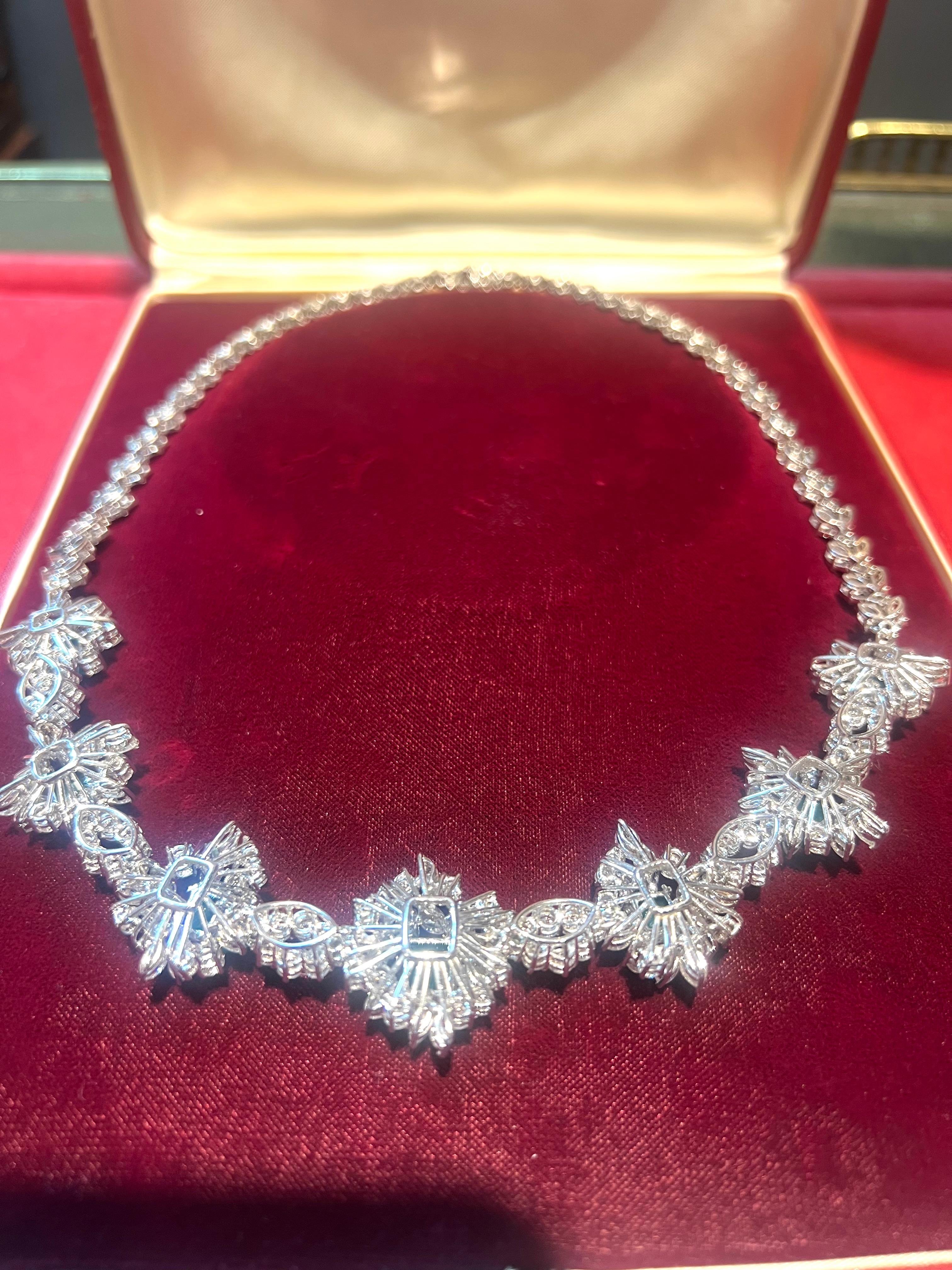 Tapered Baguette 65's Colombian 11.5ct Emerald Necklace in 18k Gold and 29ct Diamonds For Sale