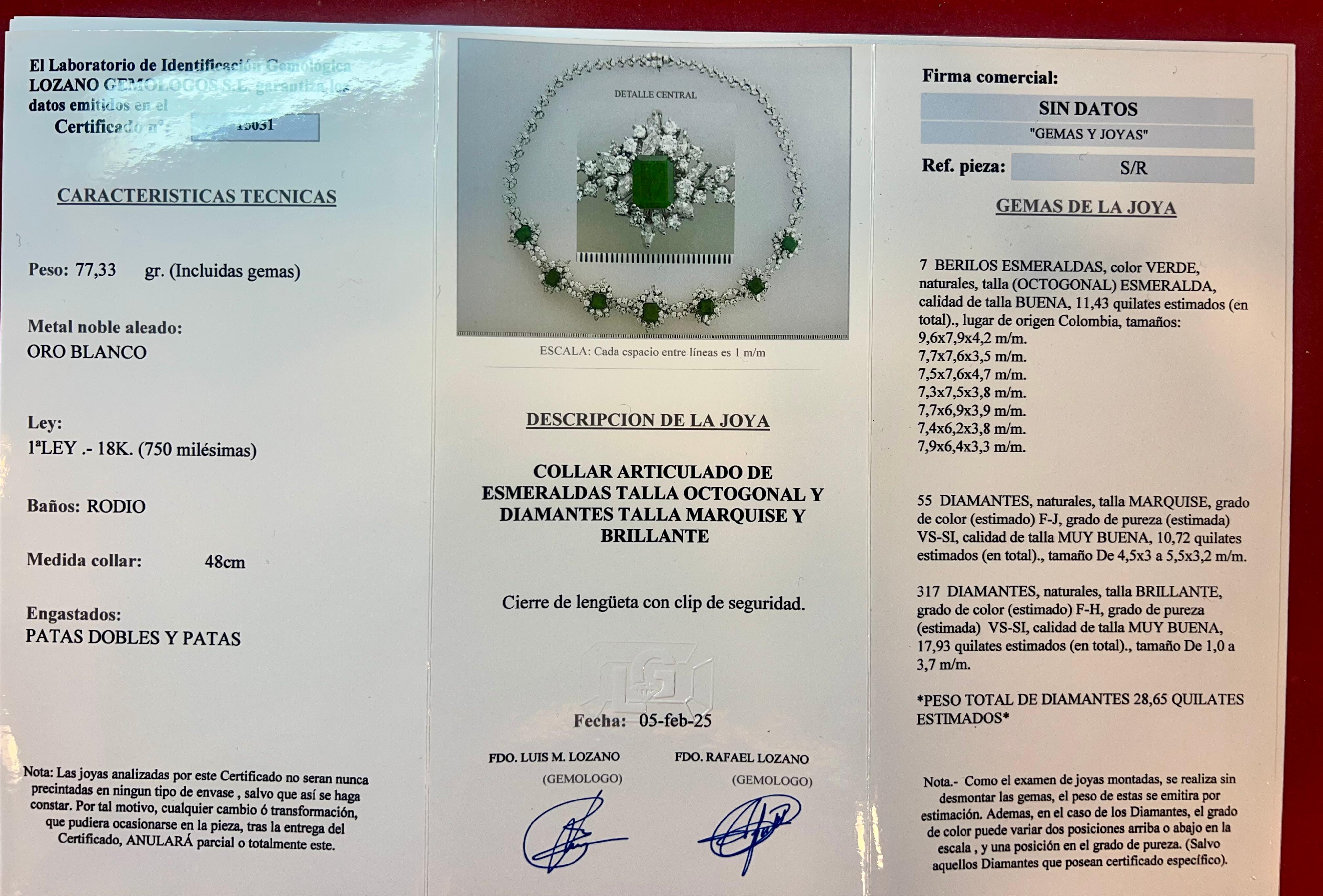 65's Colombian 11.5ct Emerald Necklace in 18k Gold and 29ct Diamonds For Sale 2