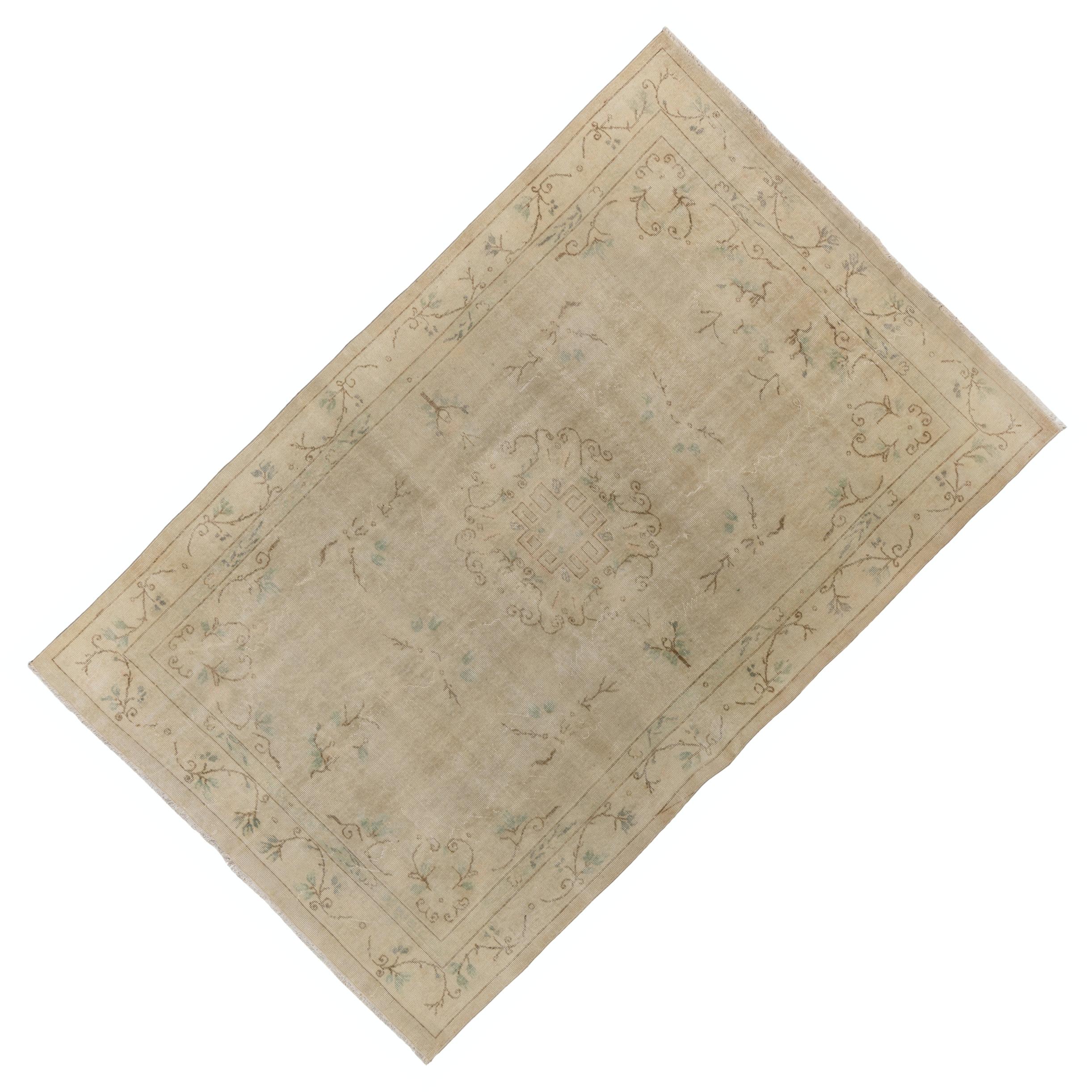Wool 6.5x10 Ft Handmade Art Deco Chinese design Antique Washed Rug in Neutral Colors For Sale