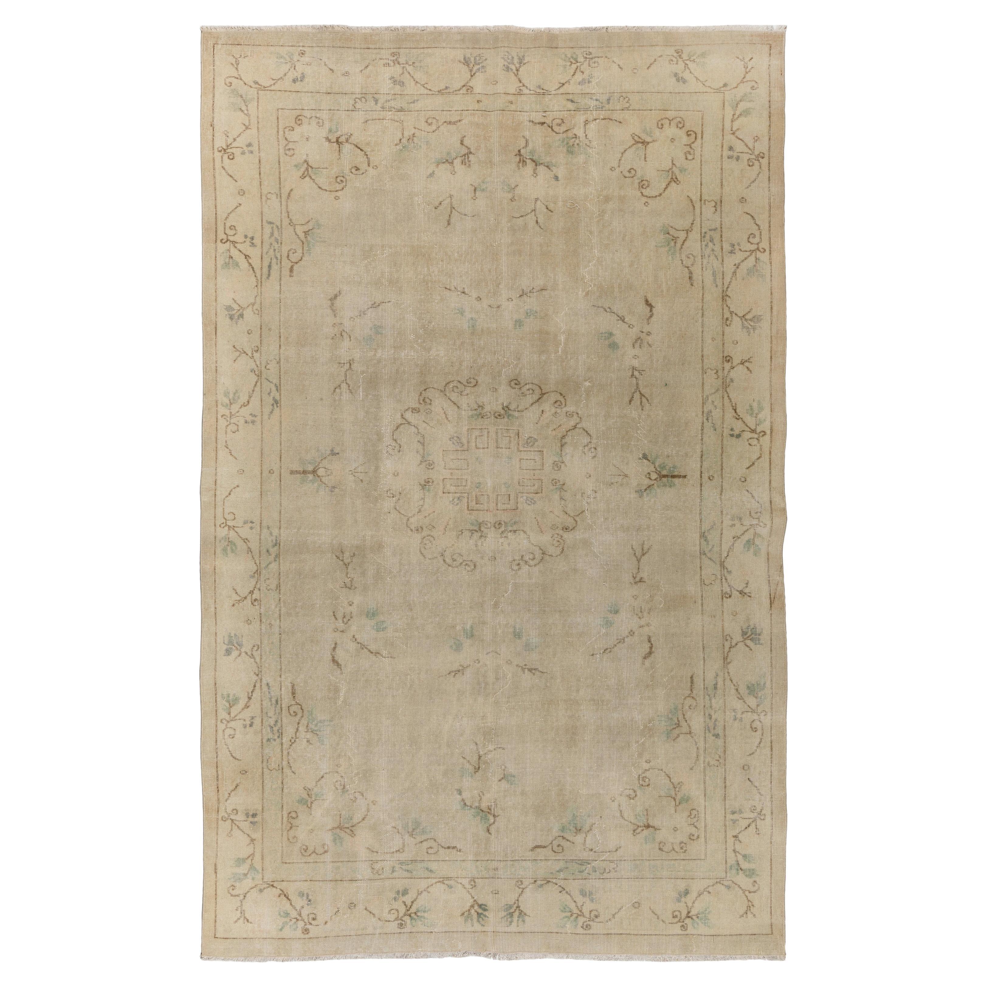 6.5x10 Ft Handmade Art Deco Chinese design Antique Washed Rug in Neutral Colors For Sale