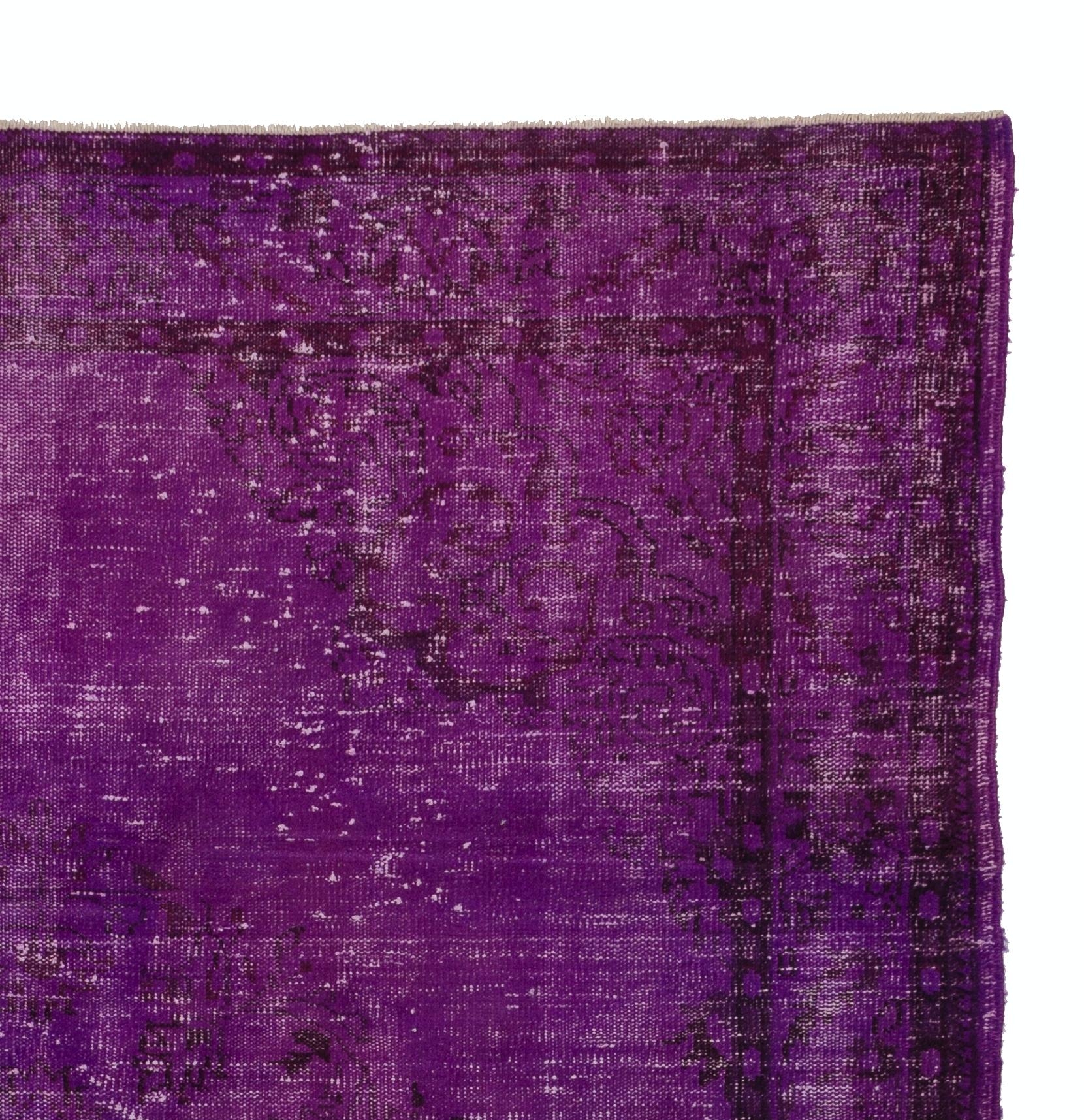Hand-Knotted 6.5x10 Ft Vintage Turkish Area Rug Over-Dyed in Purple for Modern Interiors For Sale
