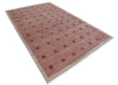 6.5x10 ft Handknotted Beige and Red Wool Area Rug with Geometric Design