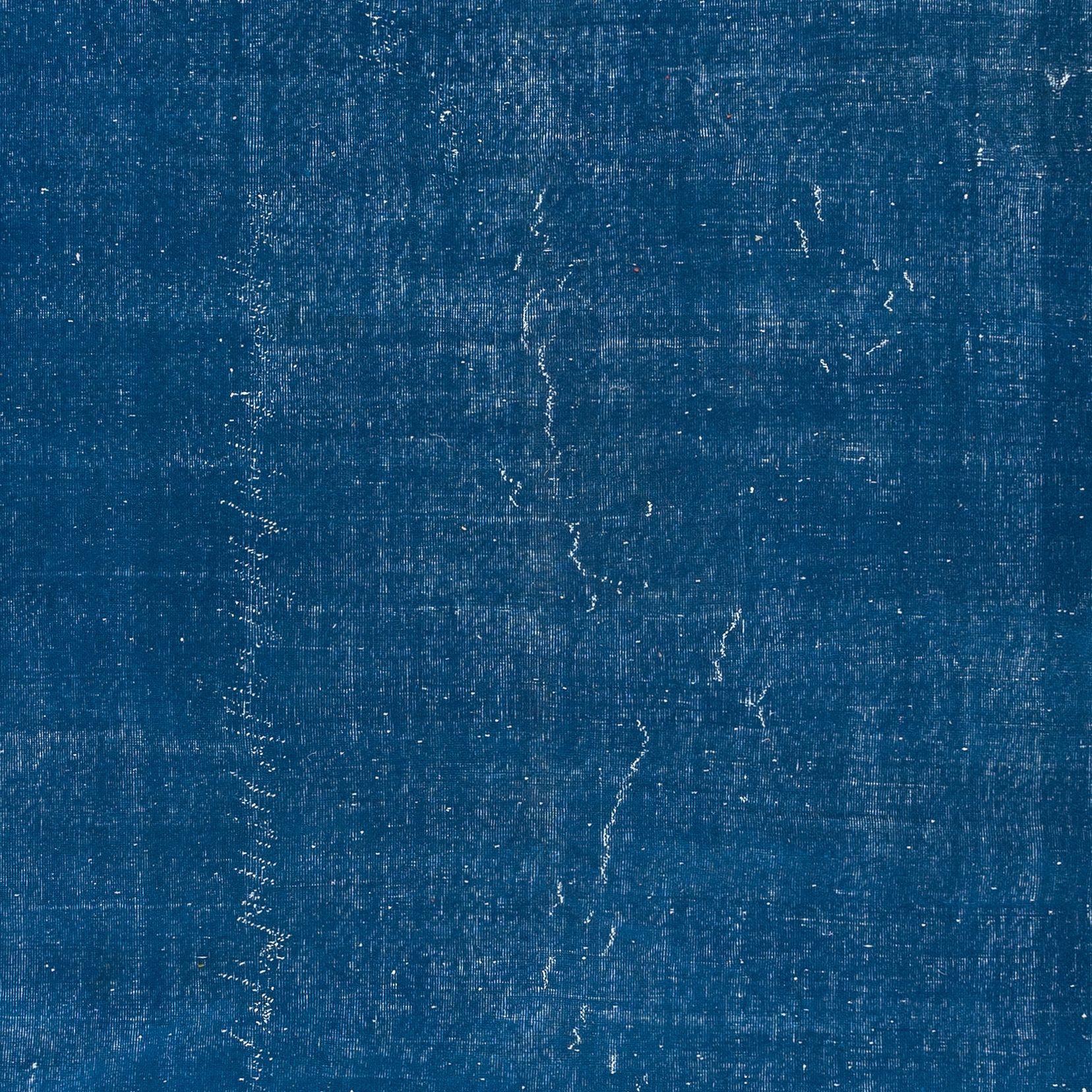 20th Century 6.5x10 Ft Handmade Turkish Rug in Solid Sapphire Blue, Unique Modern Wool Carpet For Sale