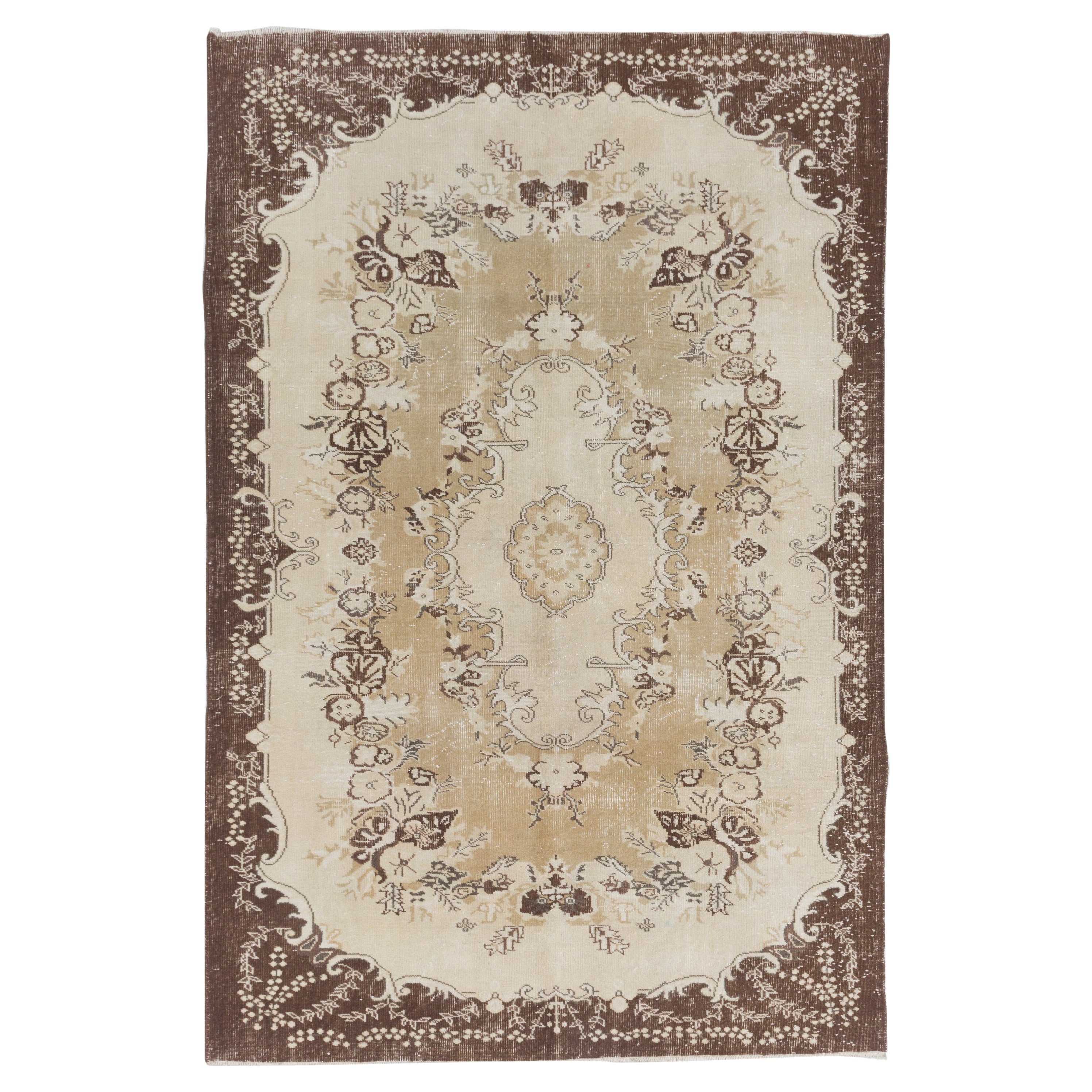 6.5x10 Ft Handmade Vintage Garden Design Turkish Area Rug in Beige, Brown & Sand