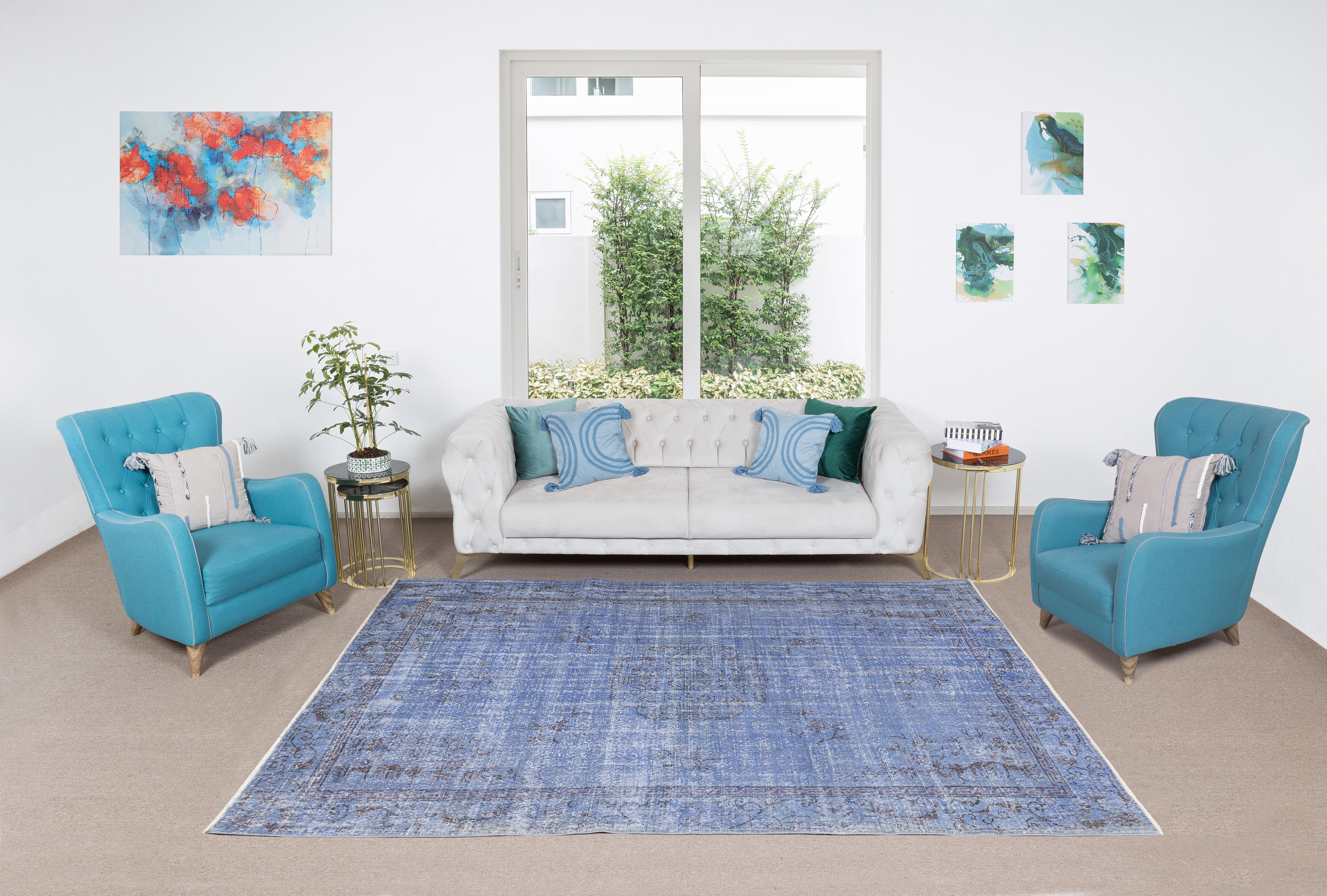 Modern 6.5x10 Ft Handmade Turkish Wool Area Rug in Blue with Art Deco Chinese Design For Sale