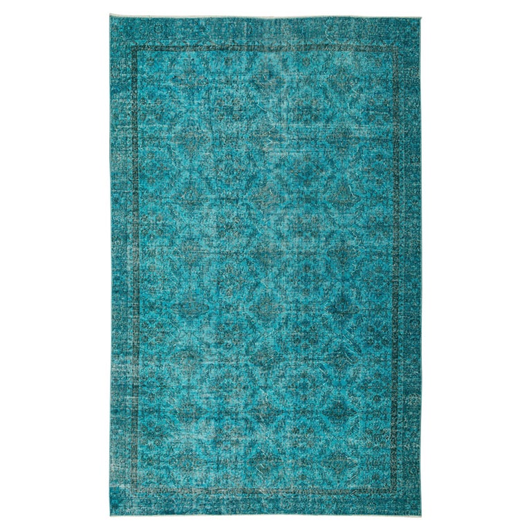 6.5x10 Ft Handmade Vintage Turkish Rug Redyed in Teal Blue, Wool and