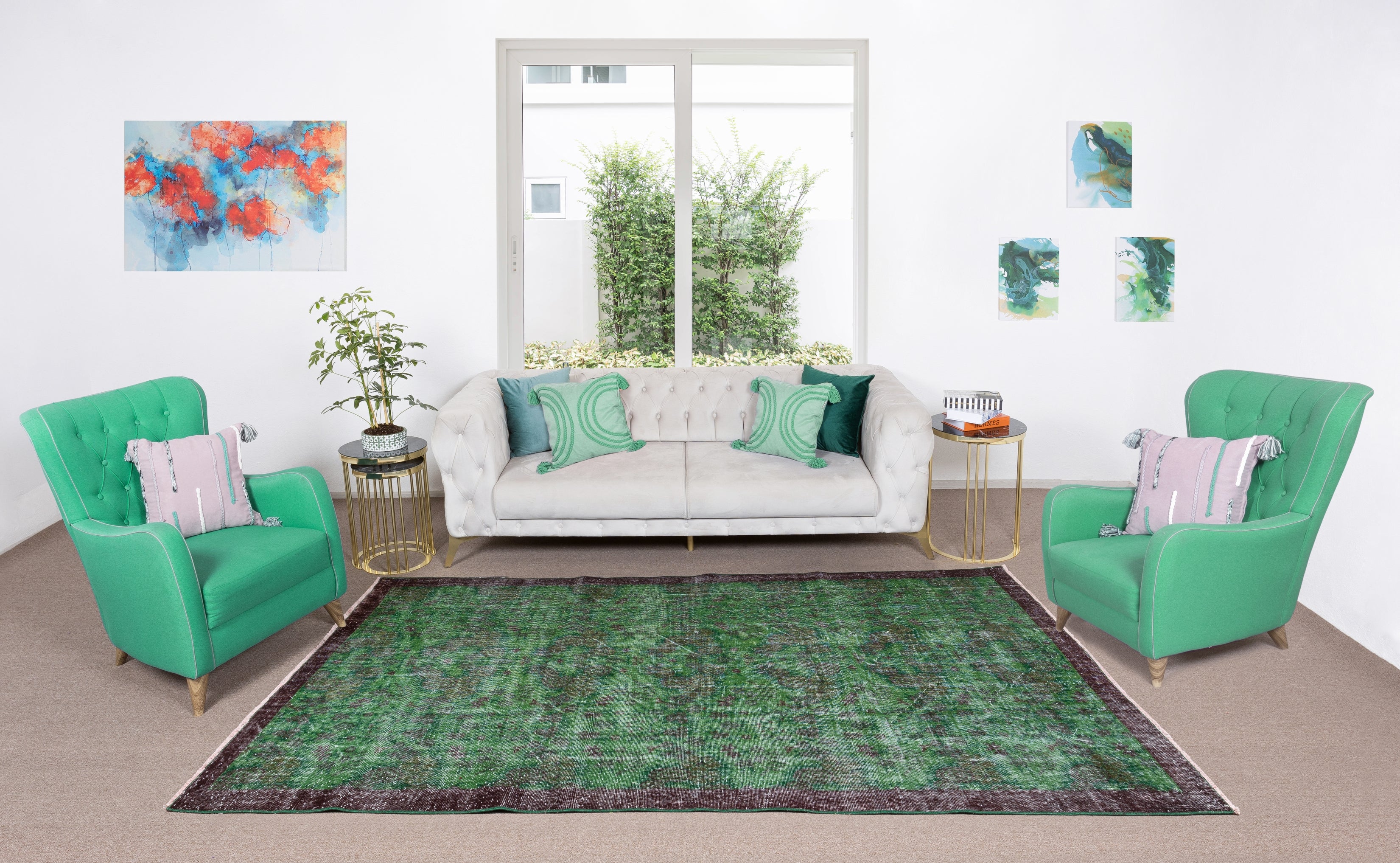 Elegante alfombra verde, alfombra de lana hecha a mano para interiores modernos