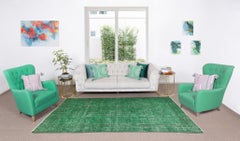 6.5x10 Ft Vintage Decorative Rug, Hand Made Turkish Wool Carpet Re-Dyed in Green