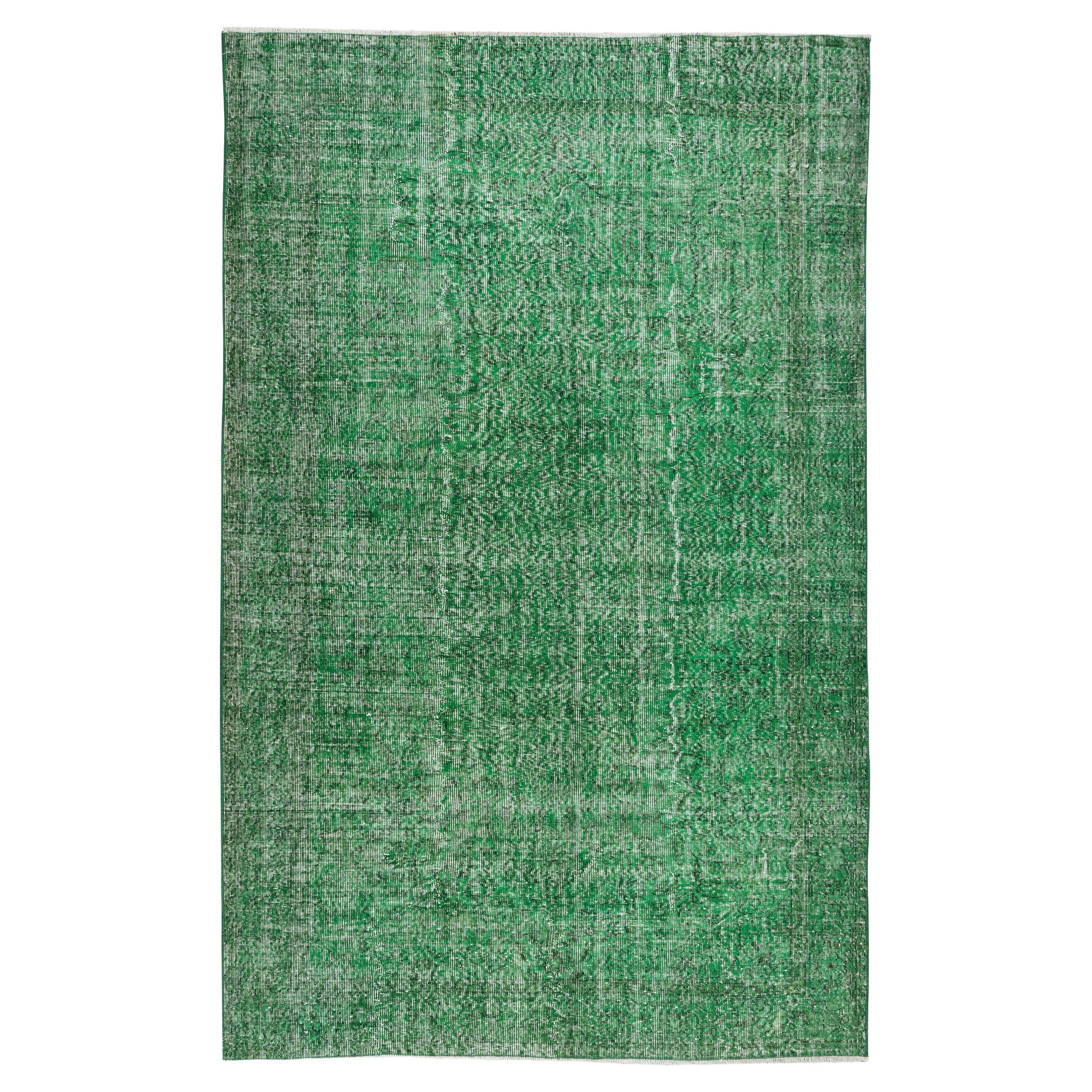 6.5x10 Ft Vintage Decorative Rug, Hand Made Turkish Wool Carpet Re-Dyed in Green For Sale