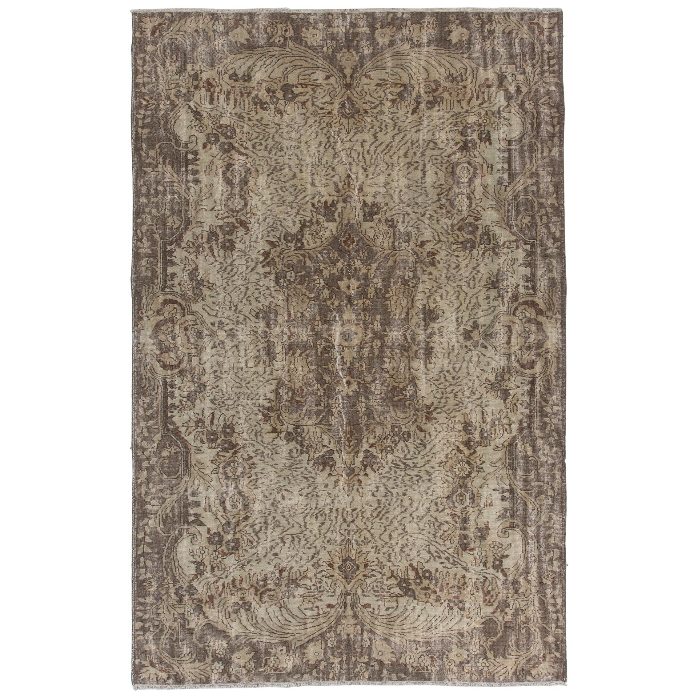 6.5x10 Ft Vintage Handmade Anatolian Wool Area Rug in Taupe and Beige