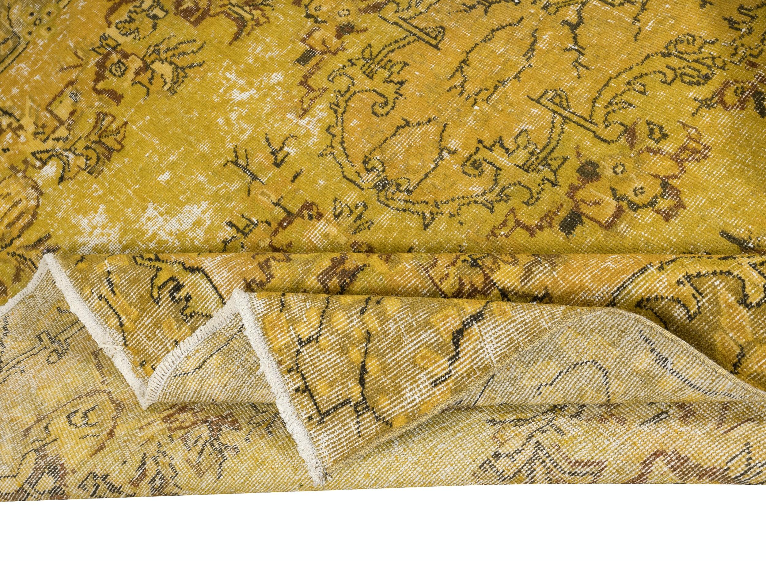 Modern 6.5x10 Ft Vintage Distressed Turkish Rug re-dyed in Yellow for modern interiors For Sale