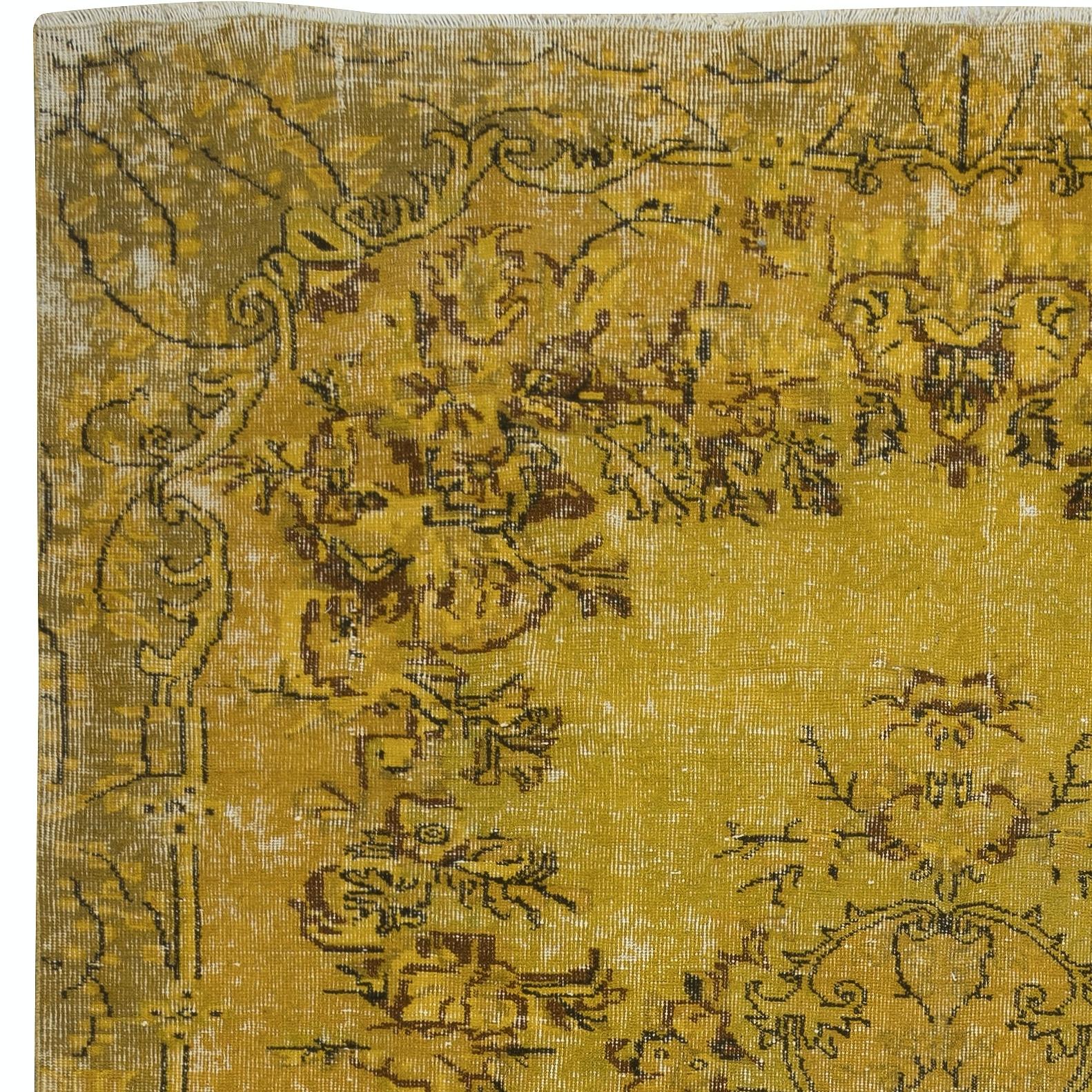 Hand-Knotted 6.5x10 Ft Vintage Distressed Turkish Rug re-dyed in Yellow for modern interiors For Sale