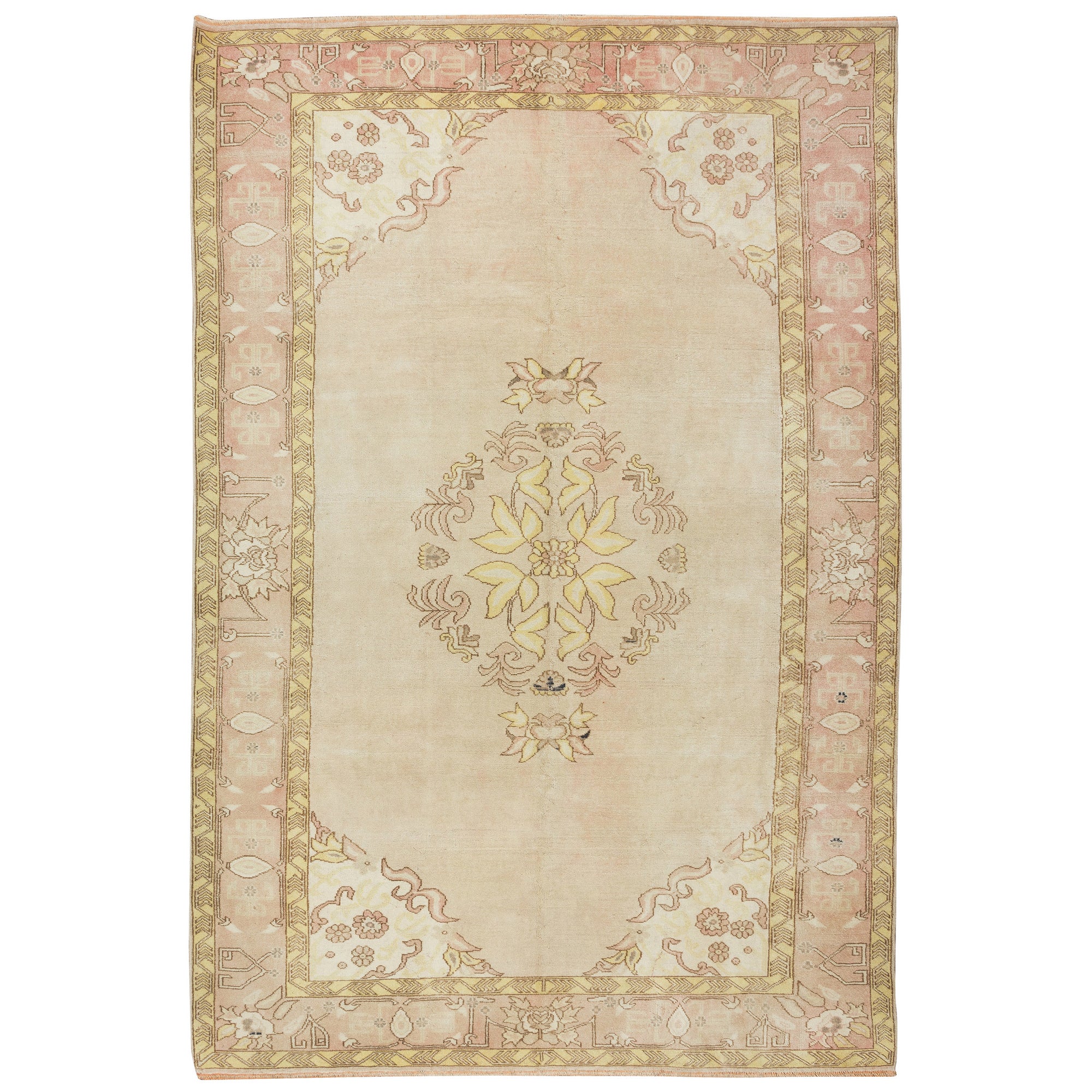 Türkischer Oushak-Teppich im Vintage-Stil, 6,5x10 Ft, handgefertigter, sonnenverblasener Teppich. 100% Wolle im Angebot