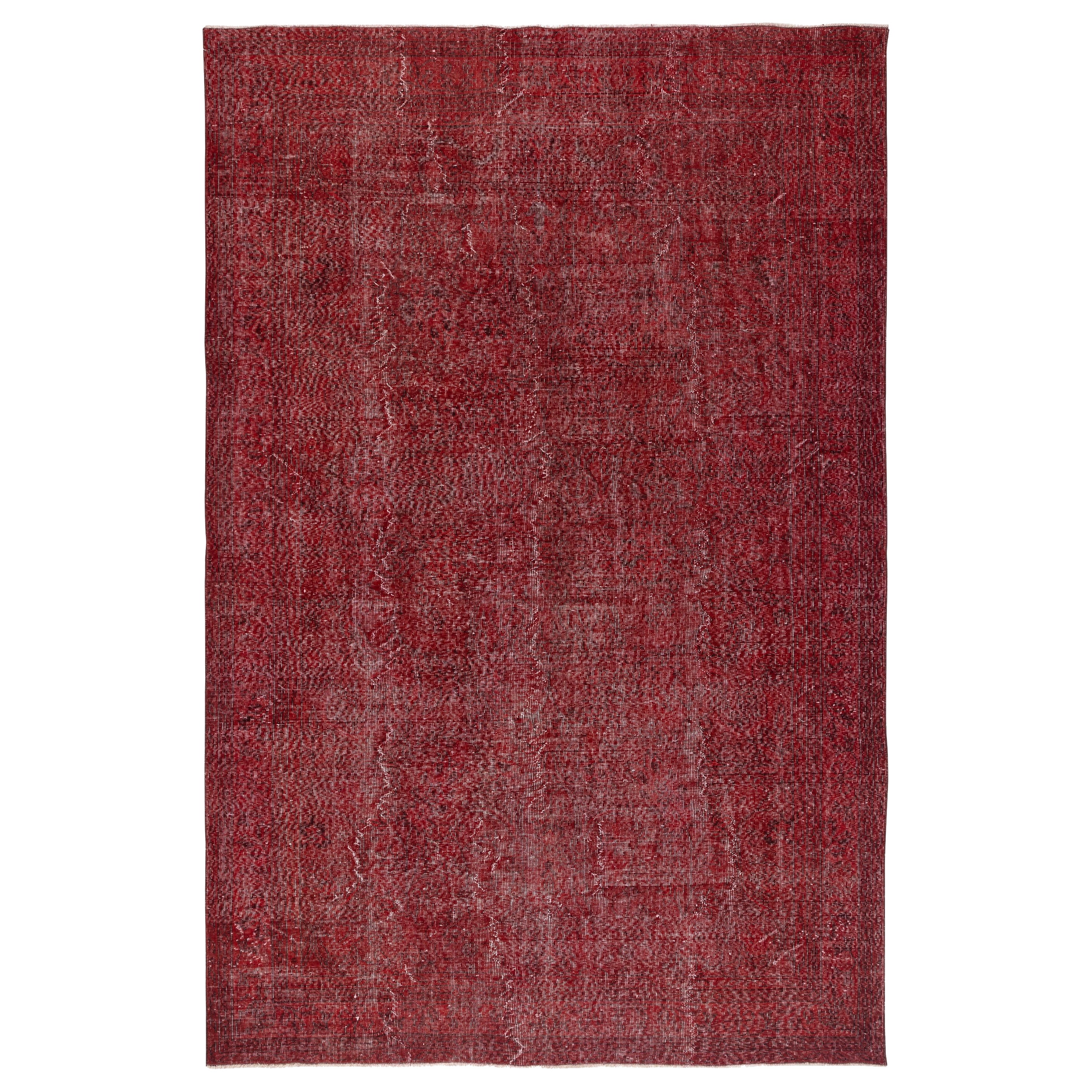 6.5x10 Ft Vintage Türkischer Teppich. Übergefärbter roter, handgefertigter Teppich für moderne Innenräume